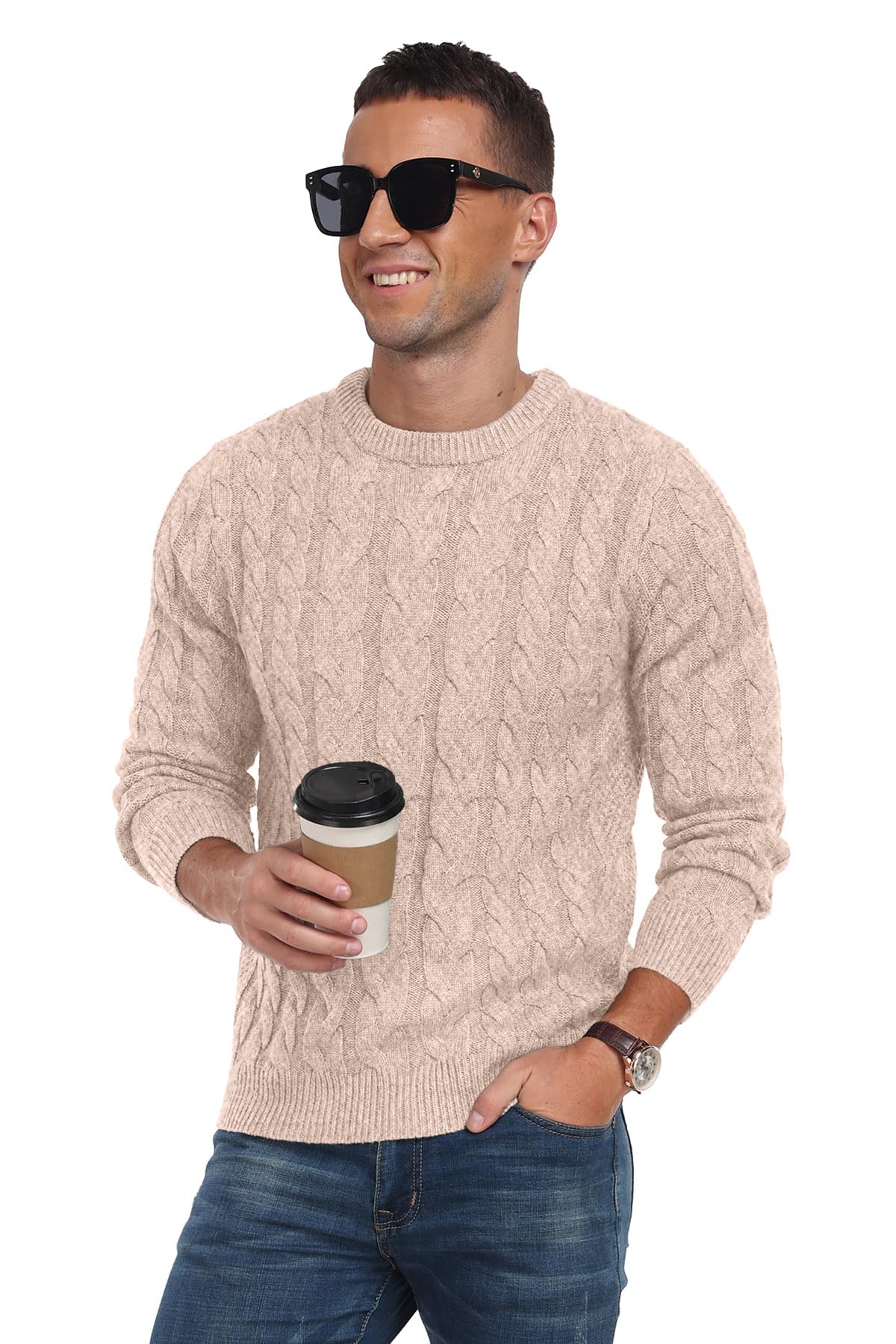 Askdeer Men's Crewneck Pullover Sweater Chunky Cable Knit Sweater Classic Casual Sweaters with Ribbing Edge