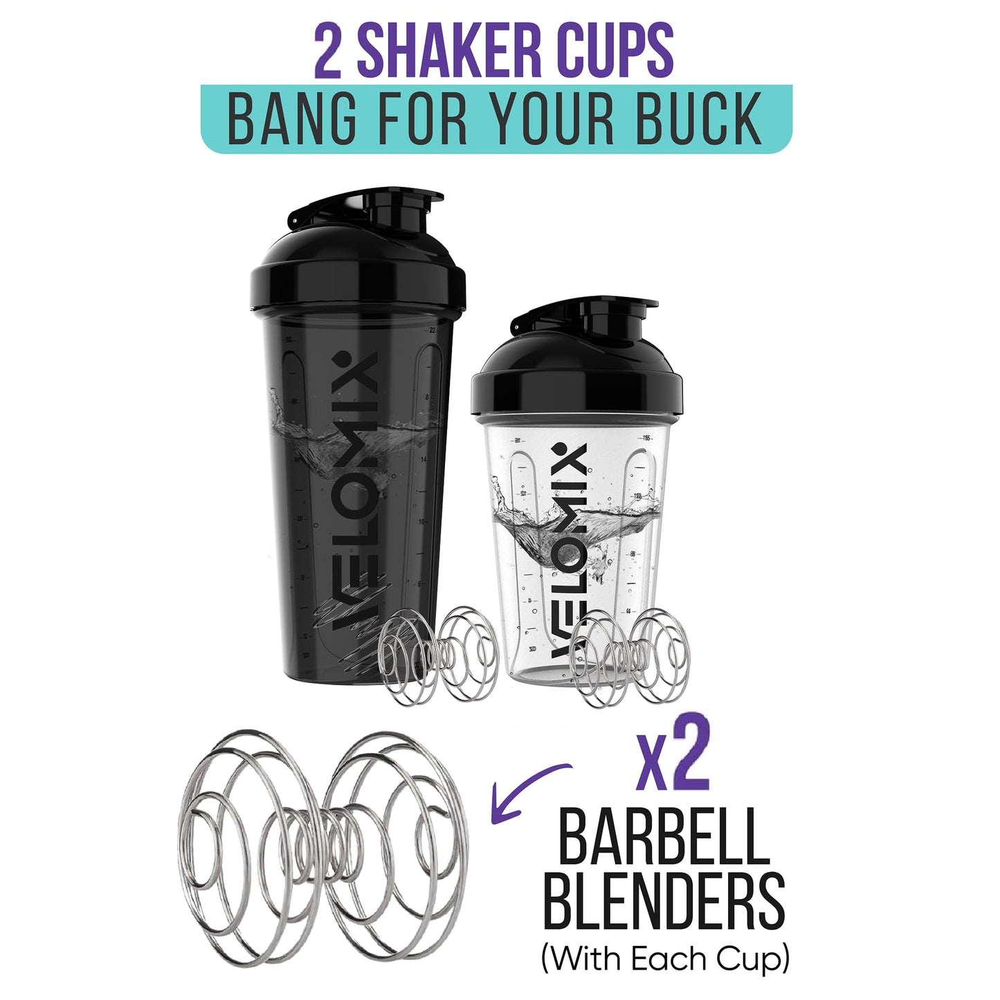 -2 Pack- 20 oz Protein Shaker Bottles for Protein Mixes - 2x Wire Whisk | Leak Proof Shaker Cups for Protein Shakes and Pre Workout | Protein Shaker Bottle Pack | Protein Mixer Cup