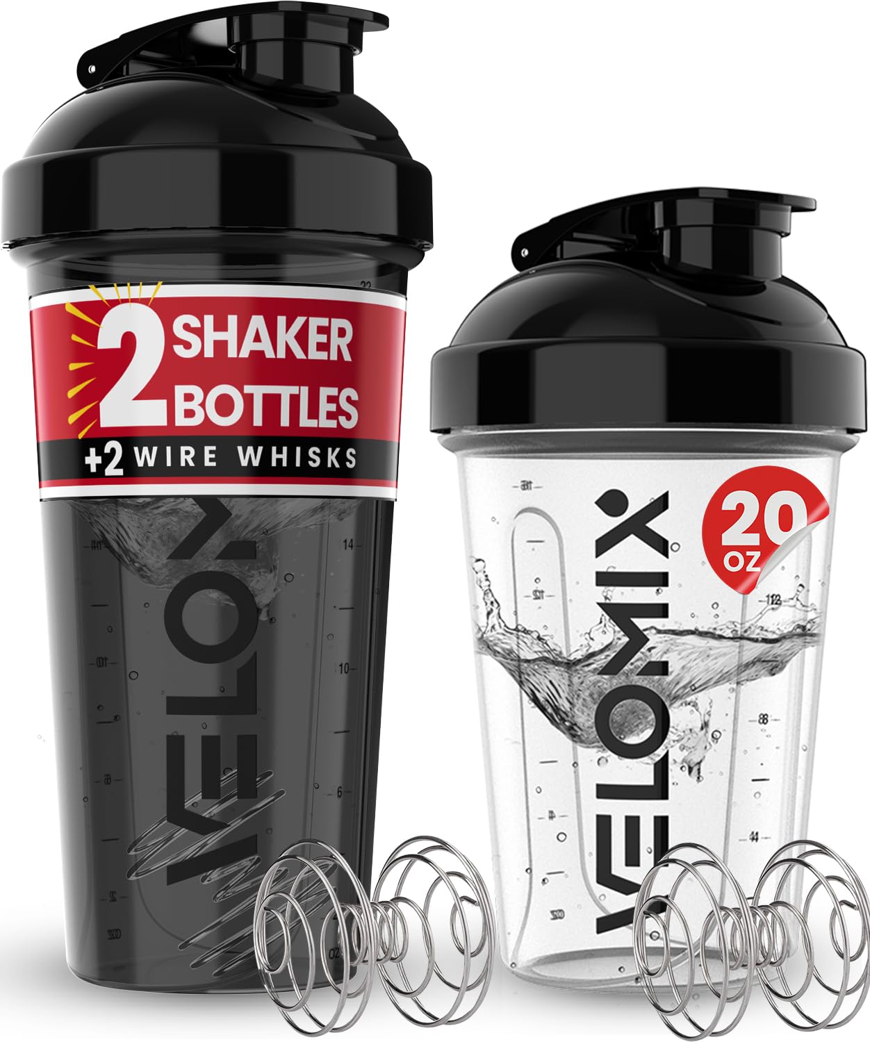 -2 Pack- 20 oz Protein Shaker Bottles for Protein Mixes - 2x Wire Whisk | Leak Proof Shaker Cups for Protein Shakes and Pre Workout | Protein Shaker Bottle Pack | Protein Mixer Cup