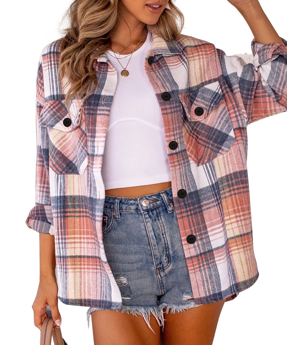 Trendy Queen Womens Flannel Shacket Casual Jacket Plaid Button Down Long Sleeve Shirt Fall Winter Outfits