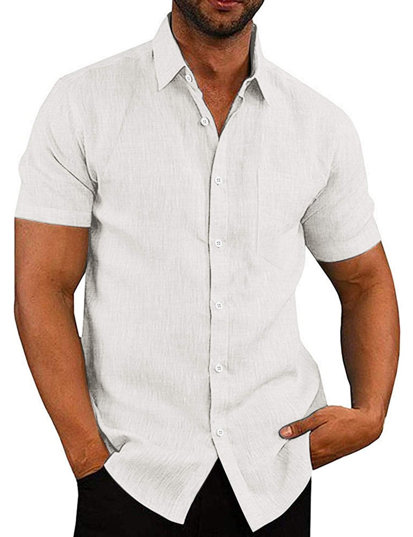 COOFANDY Men's Casual Button Down Shirts Short Sleeve Linen Shirts Summer Beach Dress Shirt