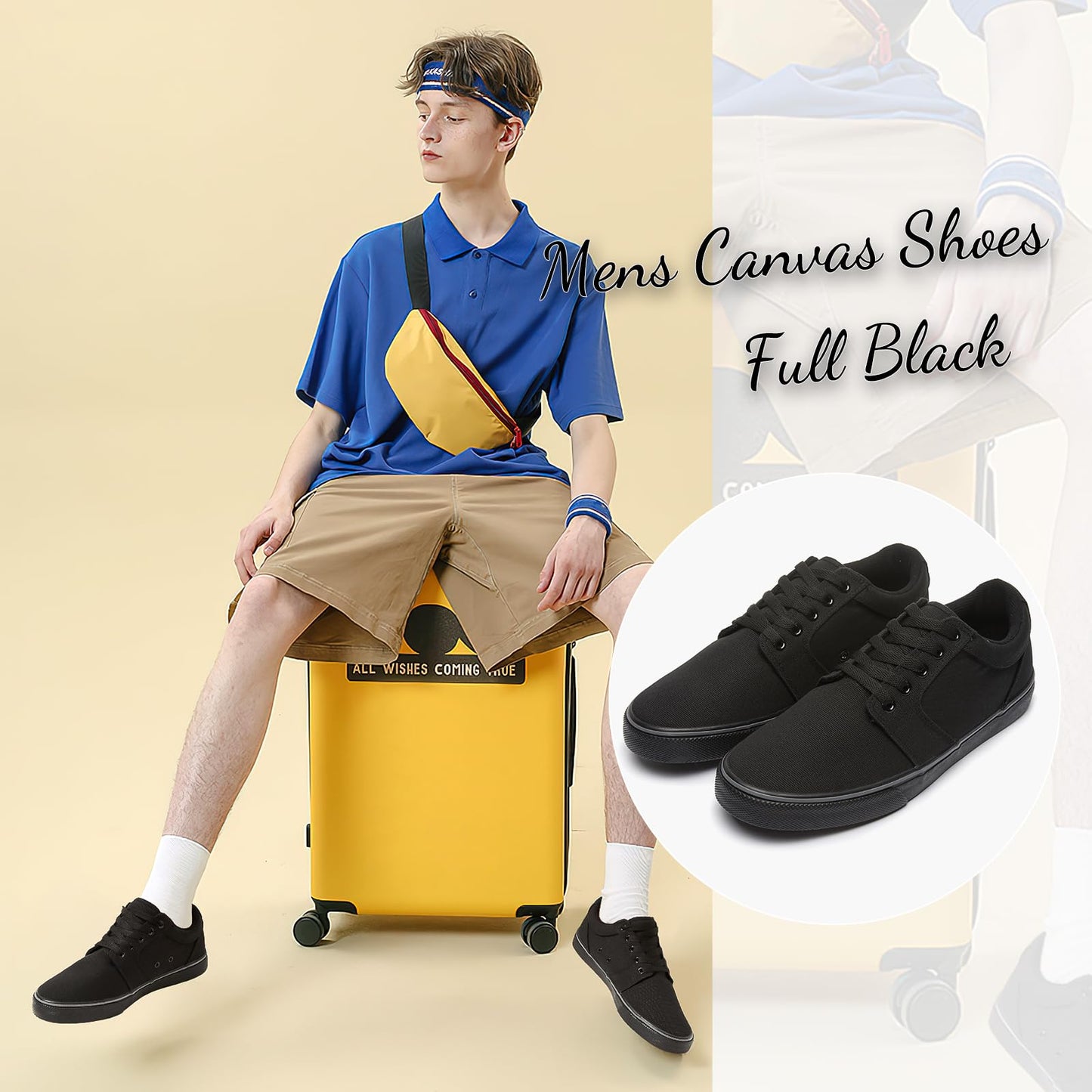 BENPAO Mens White Casual Shoes All Black Fashion Sneakers for Men Low Top Lace Up Canvas Shoes