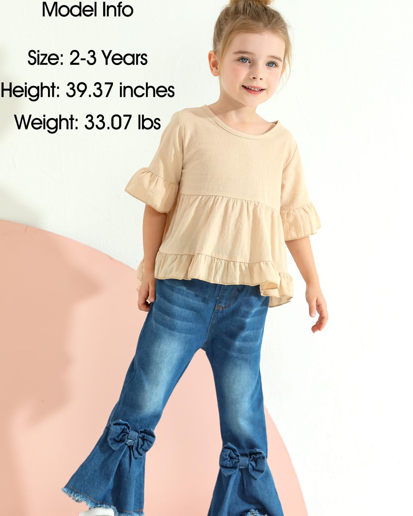 Kucnuzki Toddler Baby Girls Clothes Short Sleeve Shirt Top Flare Denim Jeans 2 Piece Outfits For Girls Cute Clothing Set