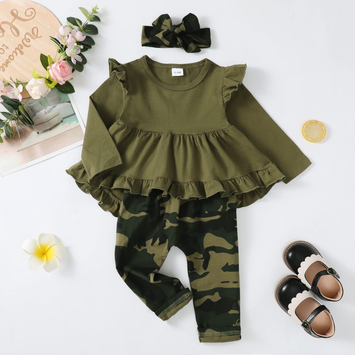 Kucnuzki Baby Girl Clothes Toddler Girl Outfit Ruffle Sleeve Shirt Floral Pant Set Fall Winter Clothing for Girl