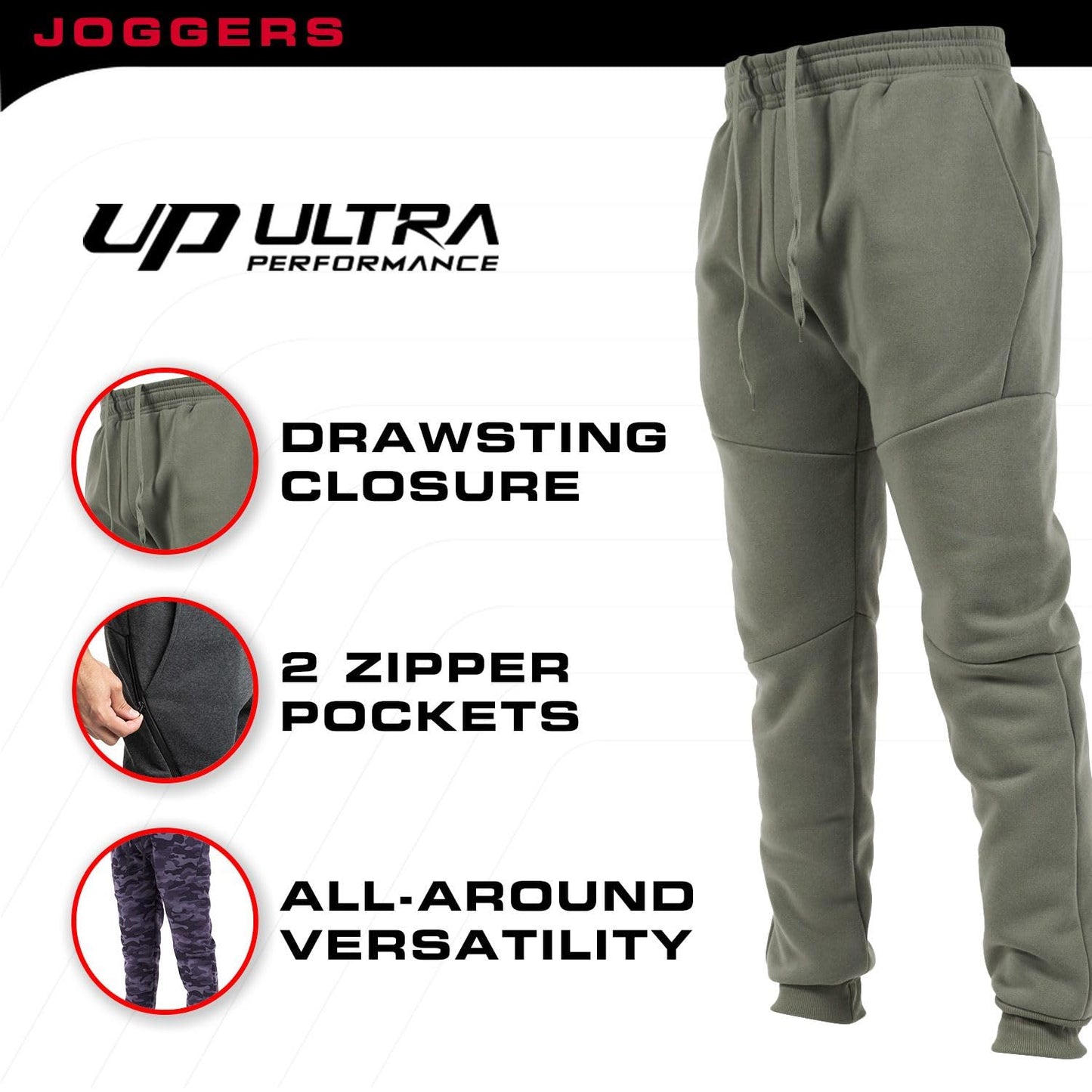 Ultra Performance 3 Pack Fleece Active Tech Joggers for Men, Mens Sweatpants with Zipper Pockets