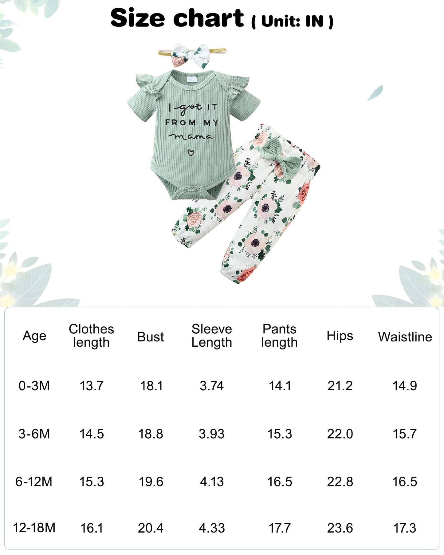 DISAUR Baby Girls Clothes Newborn Infant Baby Girls Outfit Long Sleeve Ruffle Romper Floral Pants Headband Sets 0-18 Months