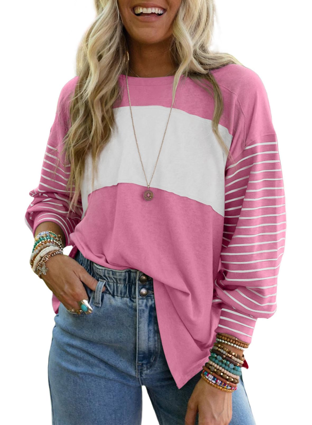 Dokotoo Long Sleeve Spring Tops Oversized 2025 Trendy Round Crew Neck Casual Color Block Womens Shirts Blouses