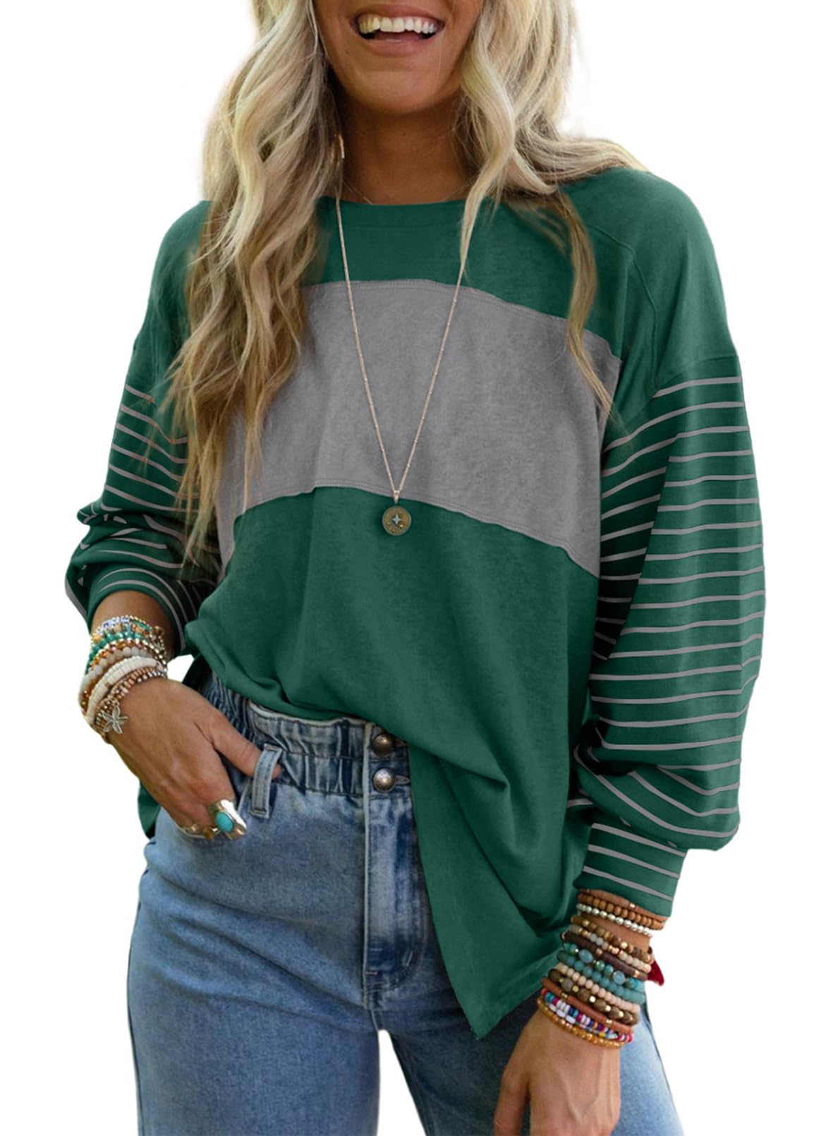 Dokotoo Long Sleeve Spring Tops Oversized 2025 Trendy Round Crew Neck Casual Color Block Womens Shirts Blouses