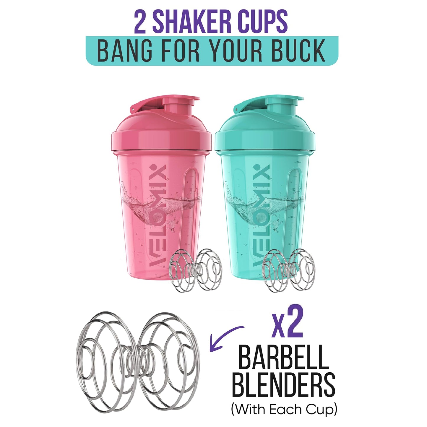 -2 Pack- 20 oz Protein Shaker Bottles for Protein Mixes - 2x Wire Whisk | Leak Proof Shaker Cups for Protein Shakes and Pre Workout | Protein Shaker Bottle Pack | Protein Mixer Cup