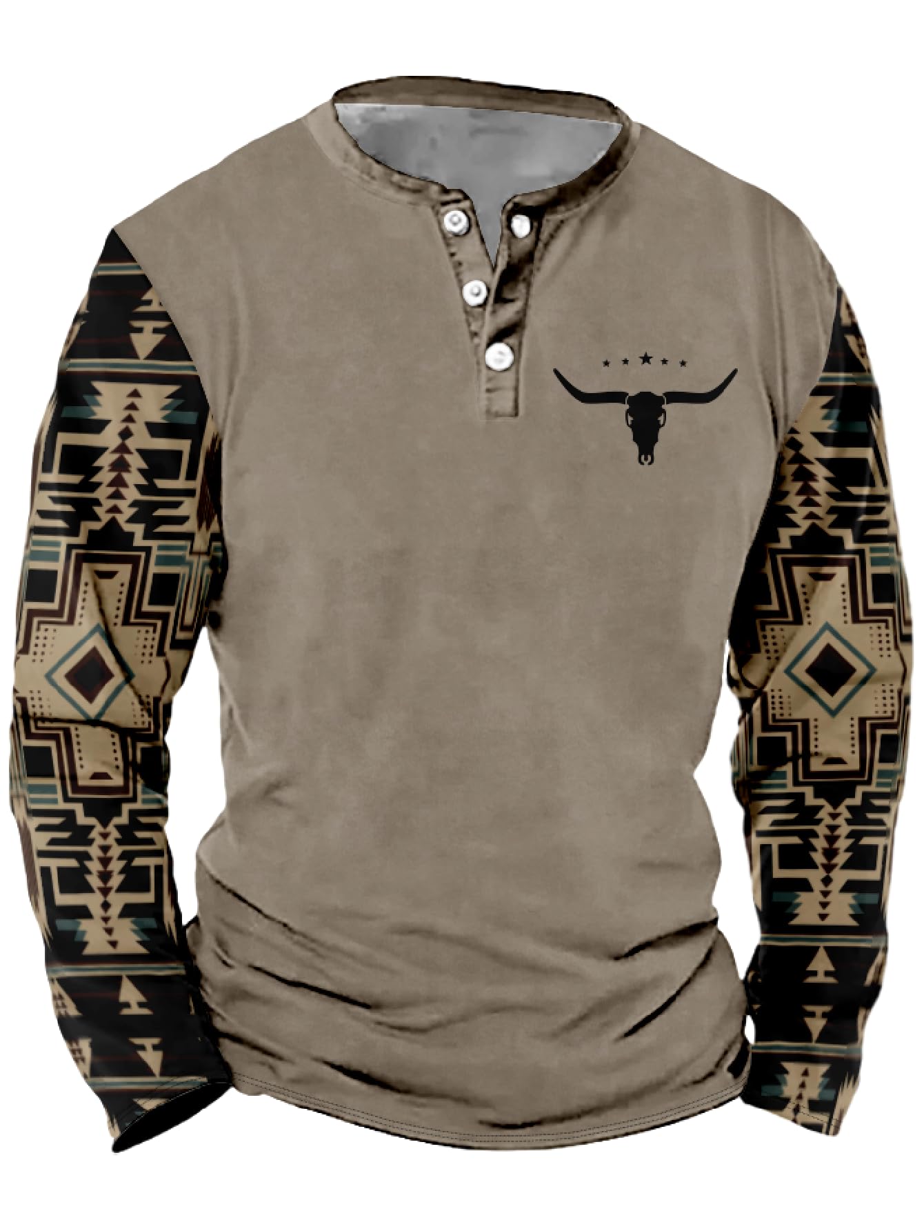 Mens Western Shirts Long Sleeve Aztec Button Down Henley Shirt Country Cowboy Slim Fit T Shirt Tee Tops for Men S-5XL