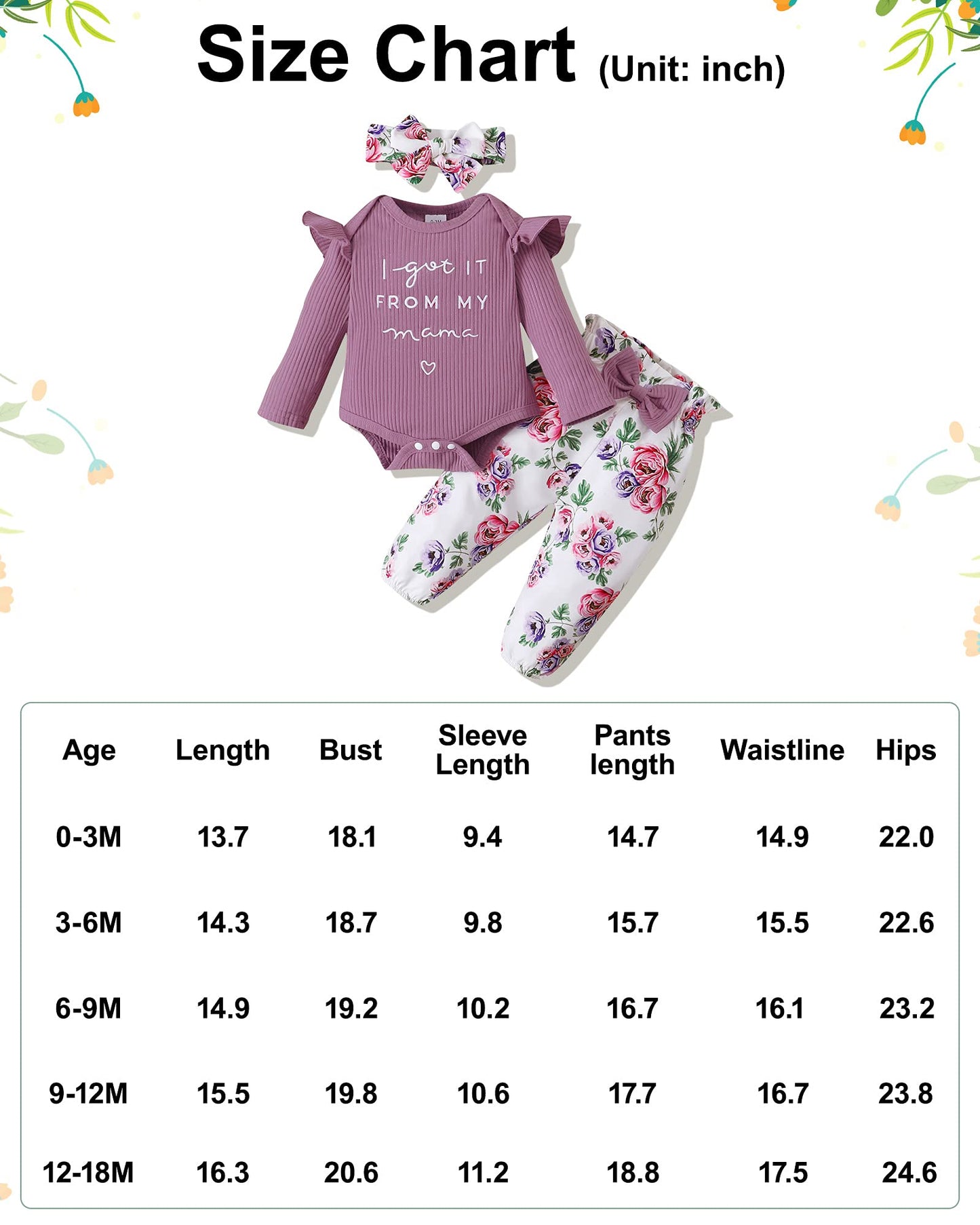 DISAUR Baby Girls Clothes Newborn Infant Baby Girls Outfit Long Sleeve Ruffle Romper Floral Pants Headband Sets 0-18 Months