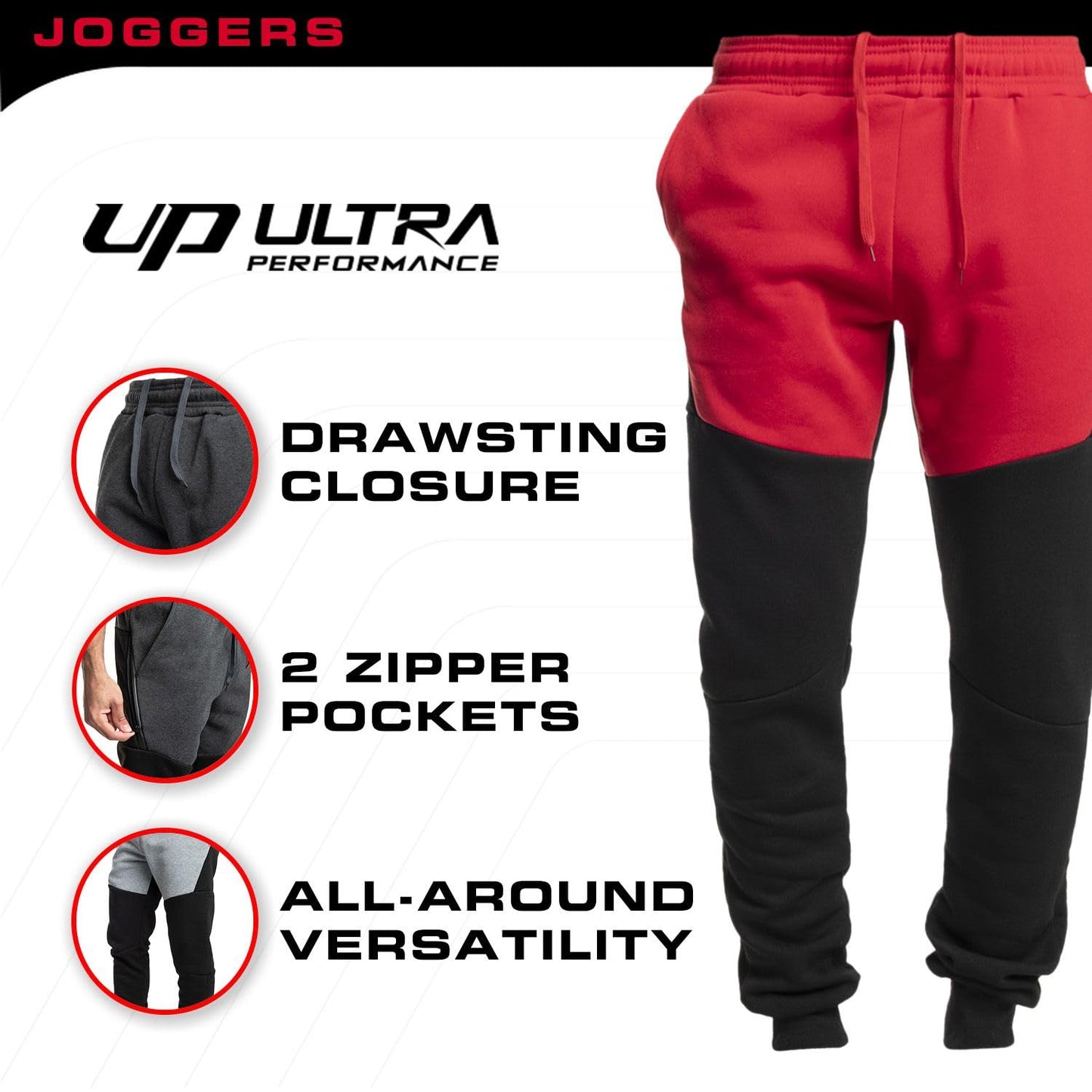 Ultra Performance 3 Pack Fleece Active Tech Joggers for Men, Mens Sweatpants with Zipper Pockets