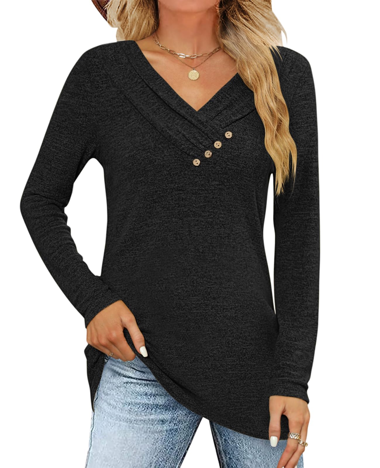 Women's Fall Long Sleeve Tunic Tops for Leggings V Neck Button Casual Blouse Sweatshirt