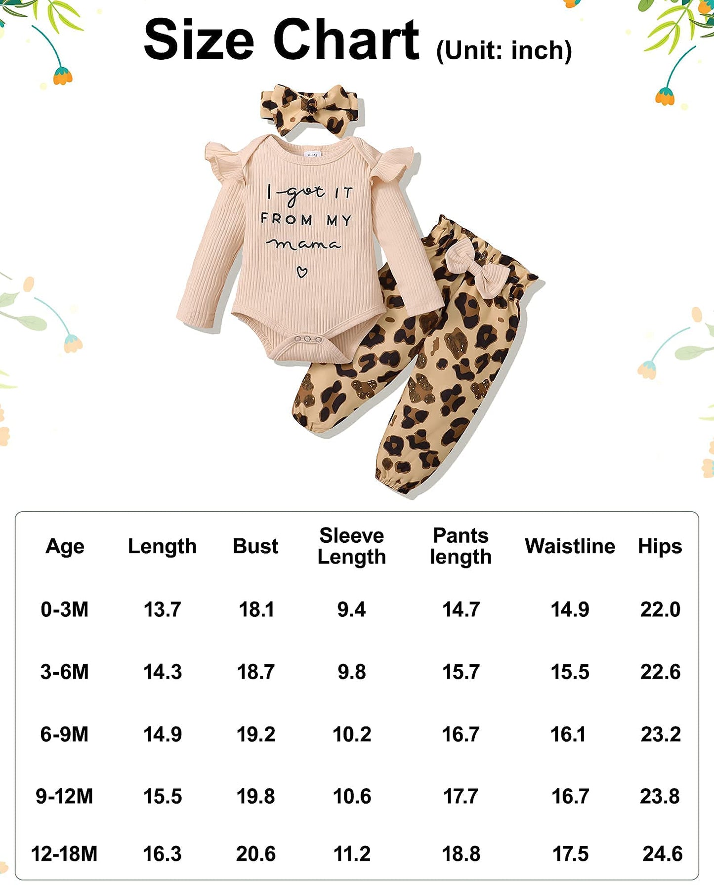 DISAUR Baby Girls Clothes Newborn Infant Baby Girls Outfit Long Sleeve Ruffle Romper Floral Pants Headband Sets 0-18 Months