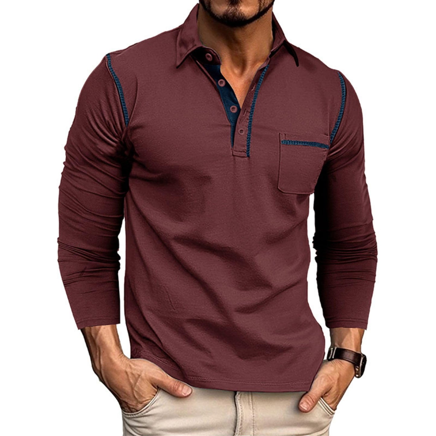 Men's Casual Polo Shirts Classic Long Sleeve Basic Button T-Shirt Lightweight Cotton Golf Tops with Pocket