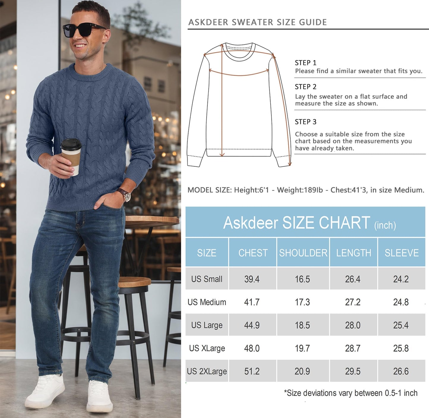 Askdeer Men's Crewneck Pullover Sweater Chunky Cable Knit Sweater Classic Casual Sweaters with Ribbing Edge