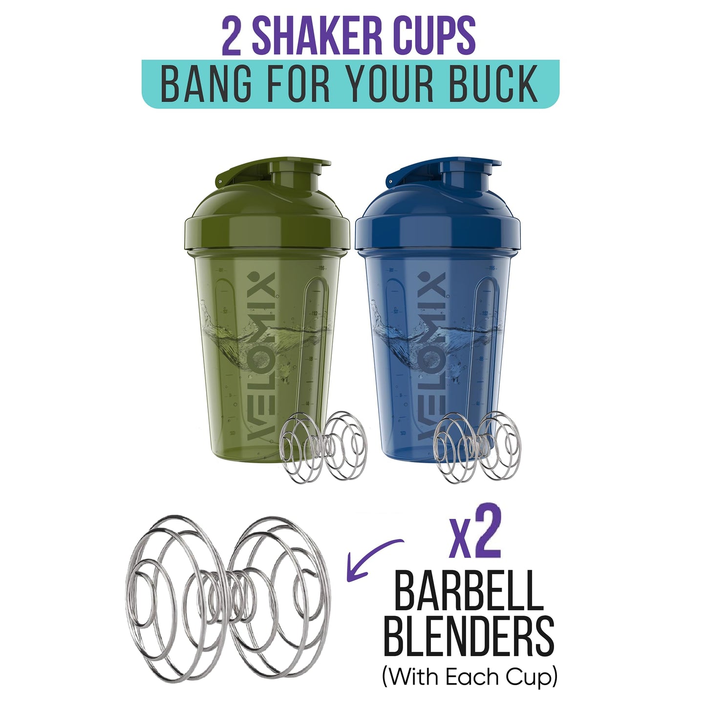 -2 Pack- 20 oz Protein Shaker Bottles for Protein Mixes - 2x Wire Whisk | Leak Proof Shaker Cups for Protein Shakes and Pre Workout | Protein Shaker Bottle Pack | Protein Mixer Cup