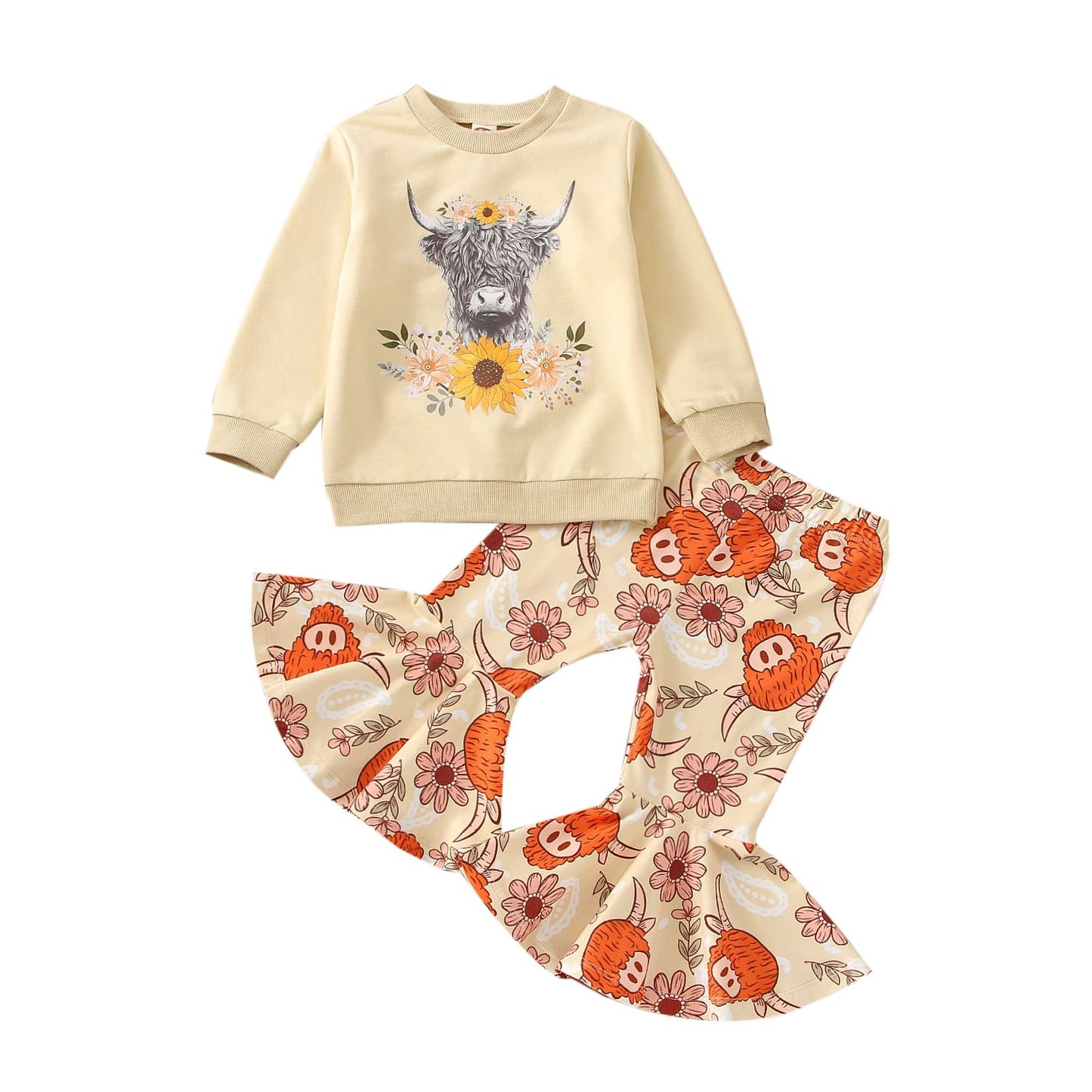 Toddler Kids Girls Clothes Sets Cow Print Long Sleeve Sweatshirt Pullover Flare Pants 2Pcs Fall Winter Outfits