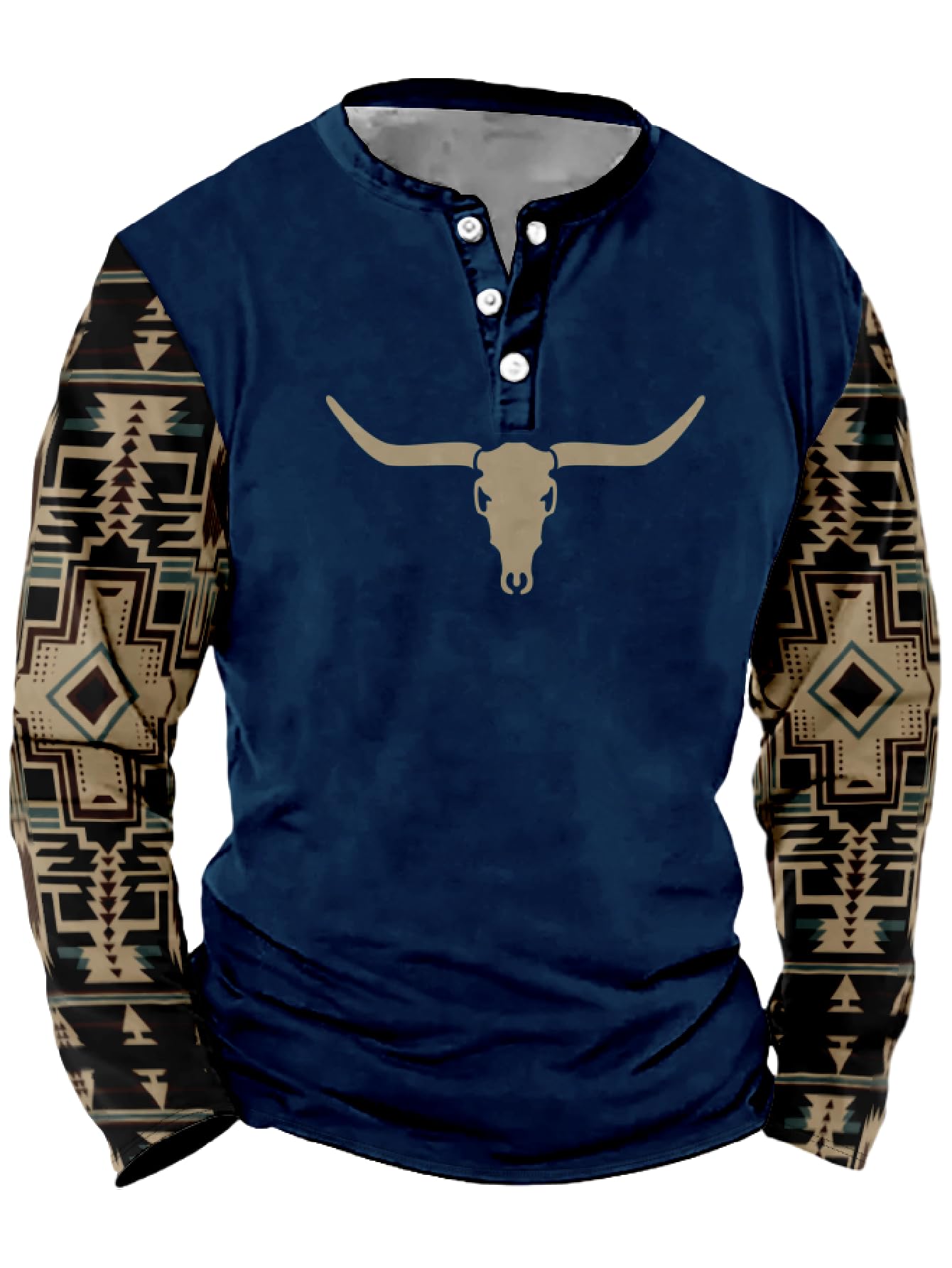 Mens Western Shirts Long Sleeve Aztec Button Down Henley Shirt Country Cowboy Slim Fit T Shirt Tee Tops for Men S-5XL