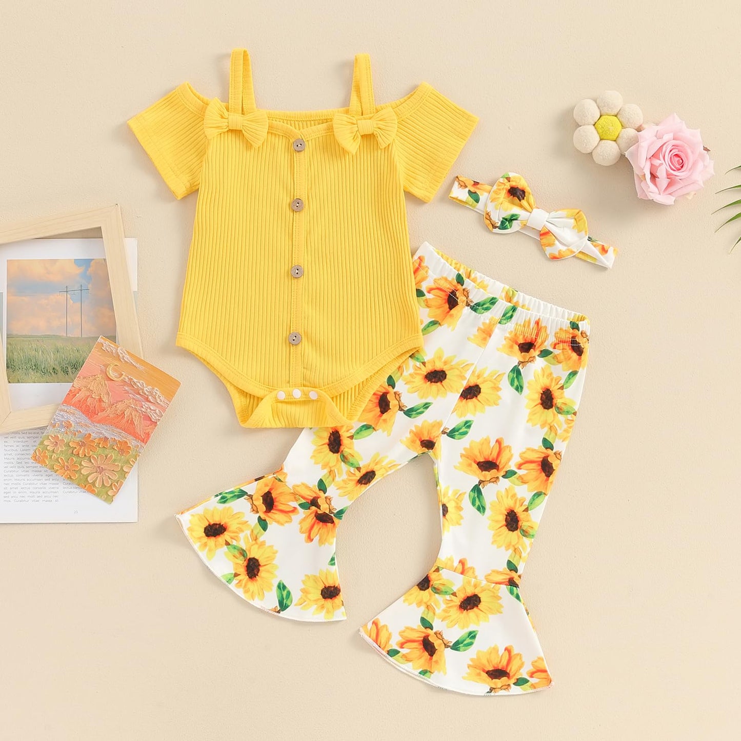 fhutpw Newborn Baby Girl Clothes Infant Rib Frill Long Sleeve Romper Flared Pants Headband Set 3pcs Fall Winter Outfits