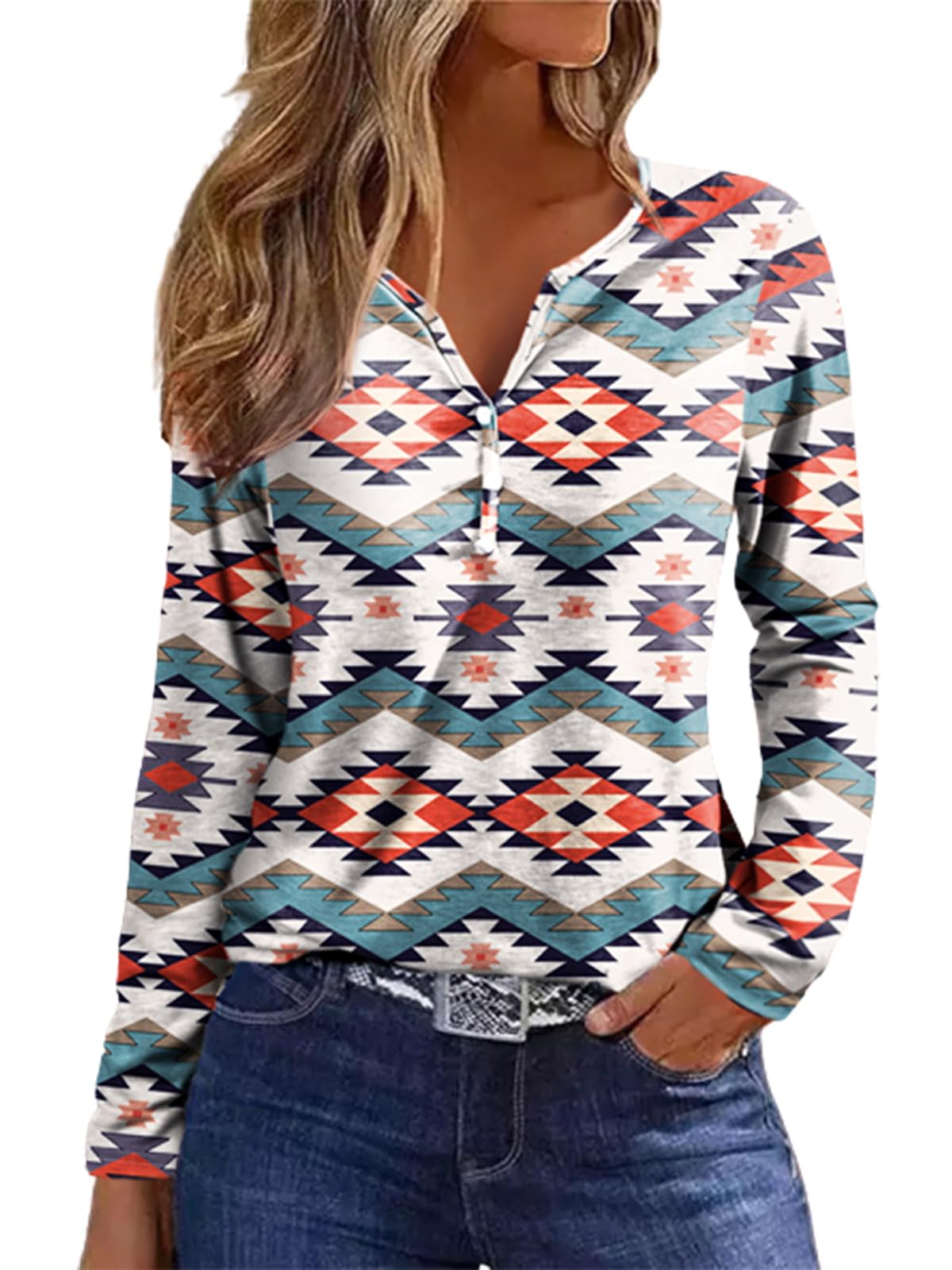 Womens Long Sleeve T Shirts Aztec Cow Print Western Henley Tops Ladies Graphic Tees Casual V Neck Loose Fit Blouse