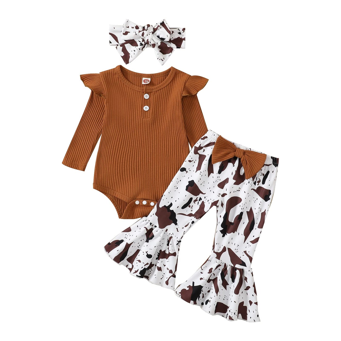 fhutpw Newborn Baby Girl Clothes Infant Rib Frill Long Sleeve Romper Flared Pants Headband Set 3pcs Fall Winter Outfits