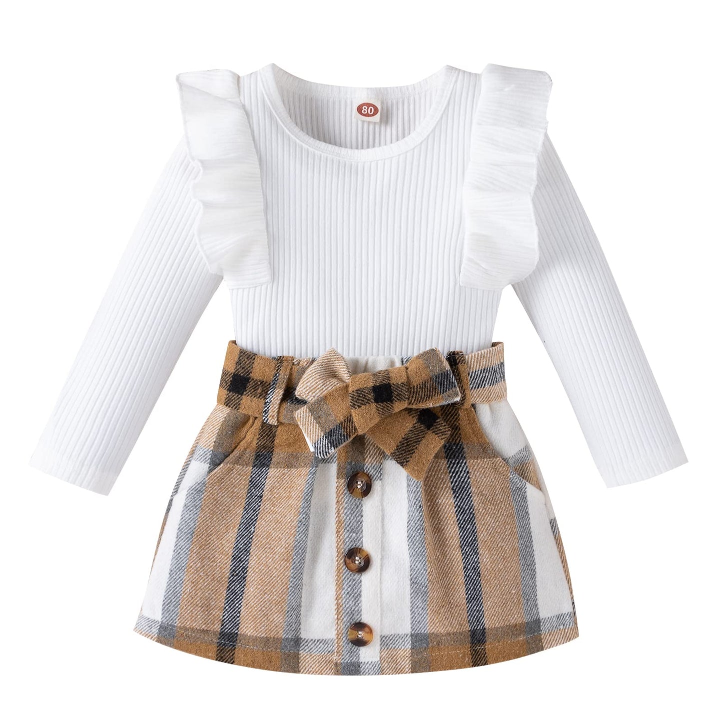 fhutpw Baby Toddler Girl Outfits Fall Winter Clothes Turtleneck Knitted Cotton Long Sleeves Tops & Button Mini Skirts Set