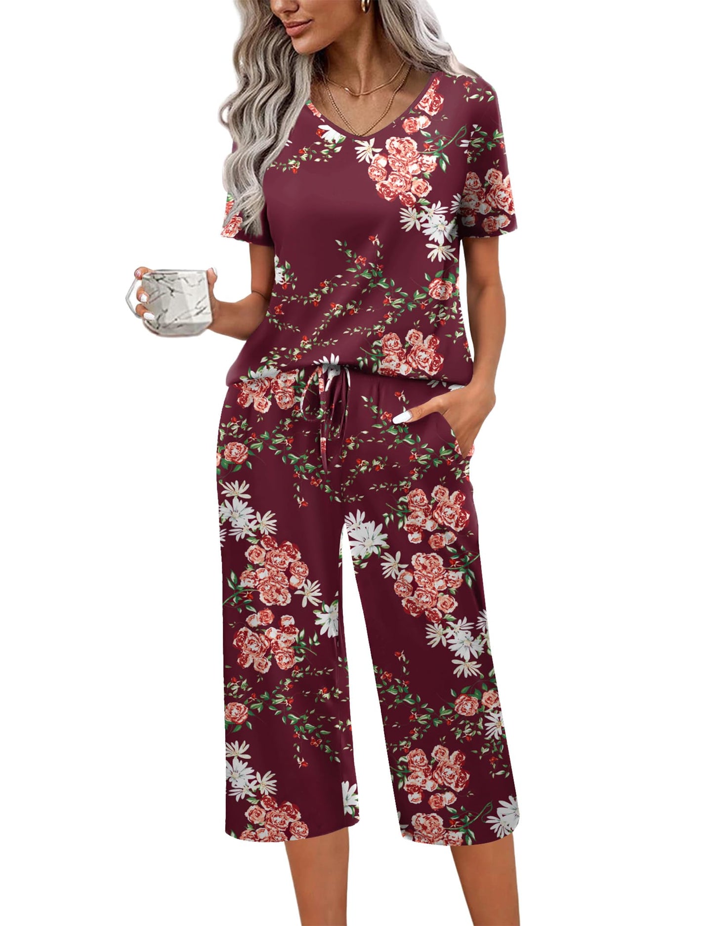 Ekouaer Womens Pajama Sets Soft Cotton Pj Short Sleeve Top with Capri Pants Sleepwear 2 Piece Print Loungewear,S-XXL