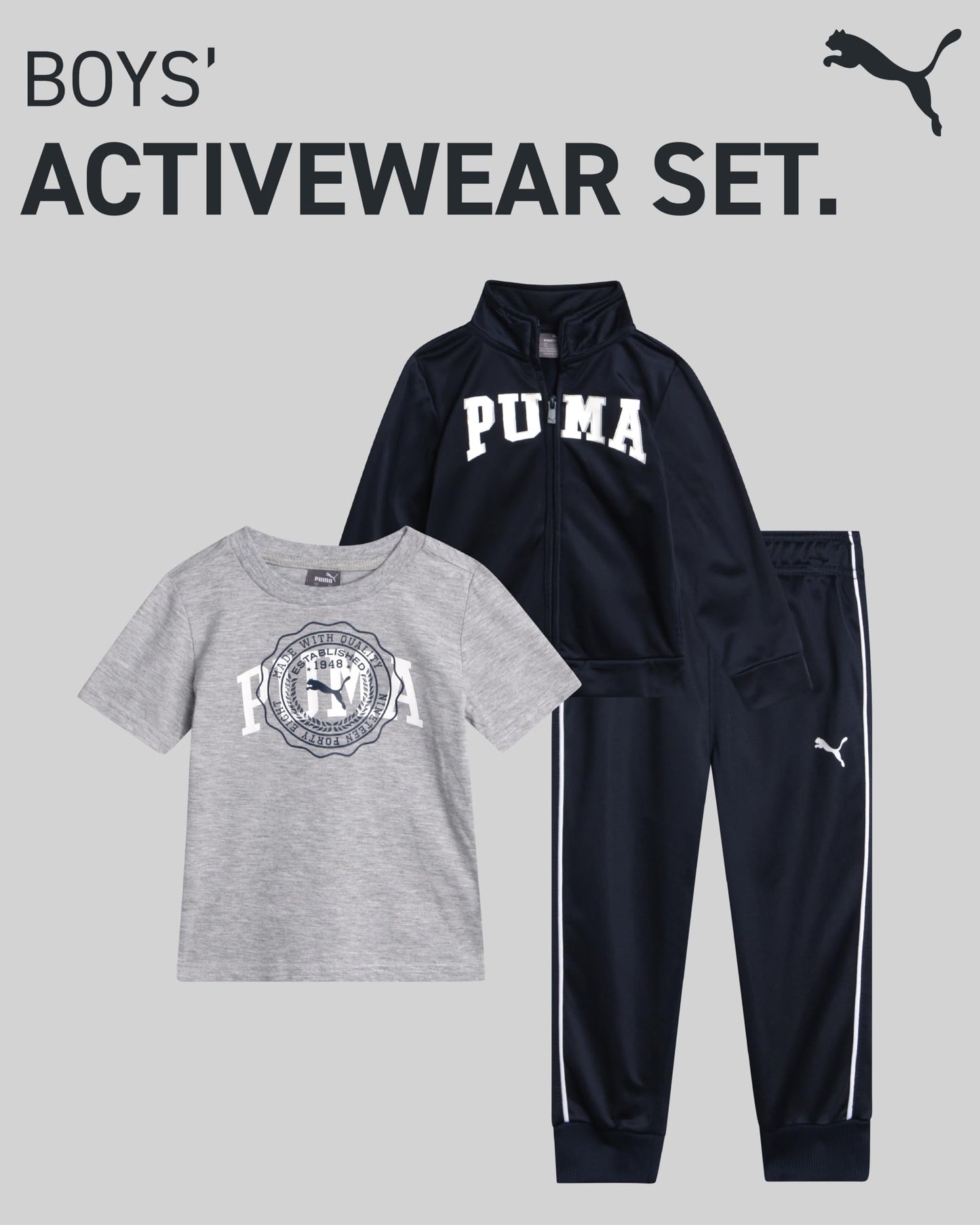 PUMA Toddler Boys Pants Set - 3 Piece Athletic T-Shirt, Zip Up Jacket, Jogger Pants - Boys Activewear Tricot Jogset (12M-4T)