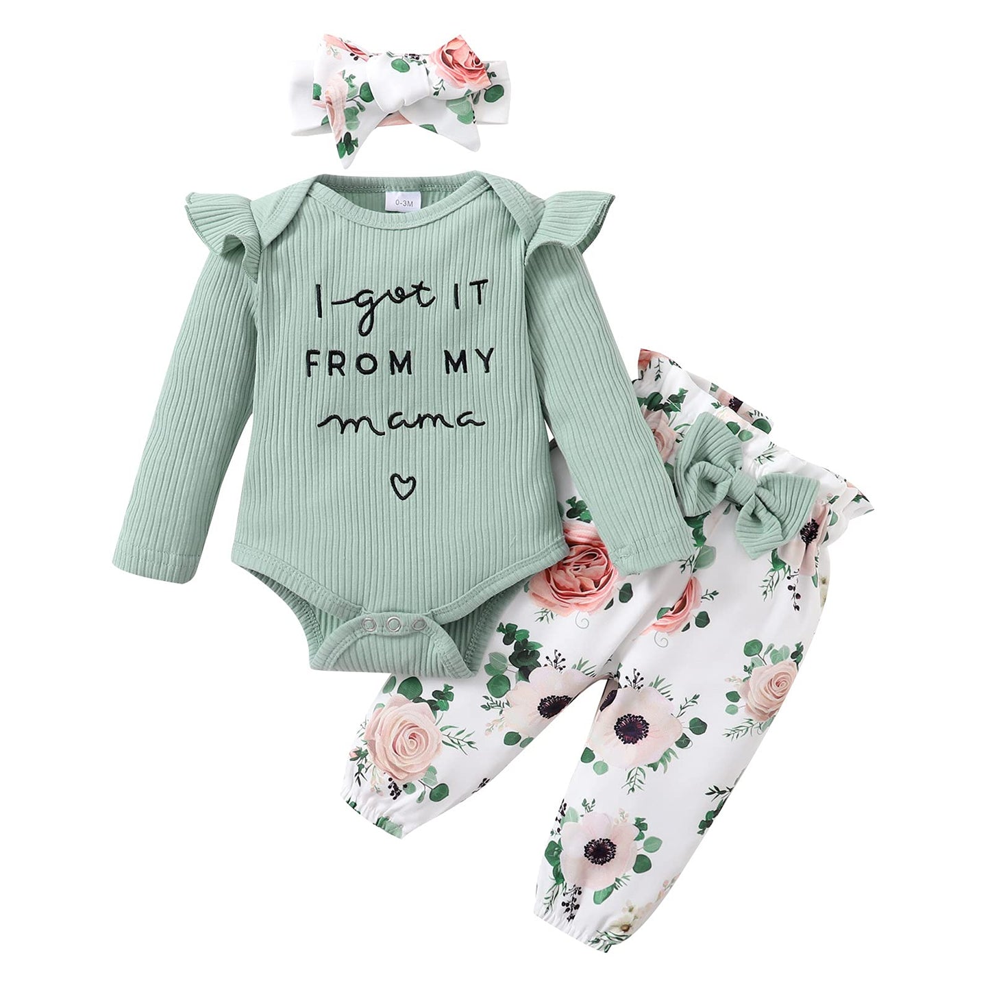 DISAUR Baby Girls Clothes Newborn Infant Baby Girls Outfit Long Sleeve Ruffle Romper Floral Pants Headband Sets 0-18 Months