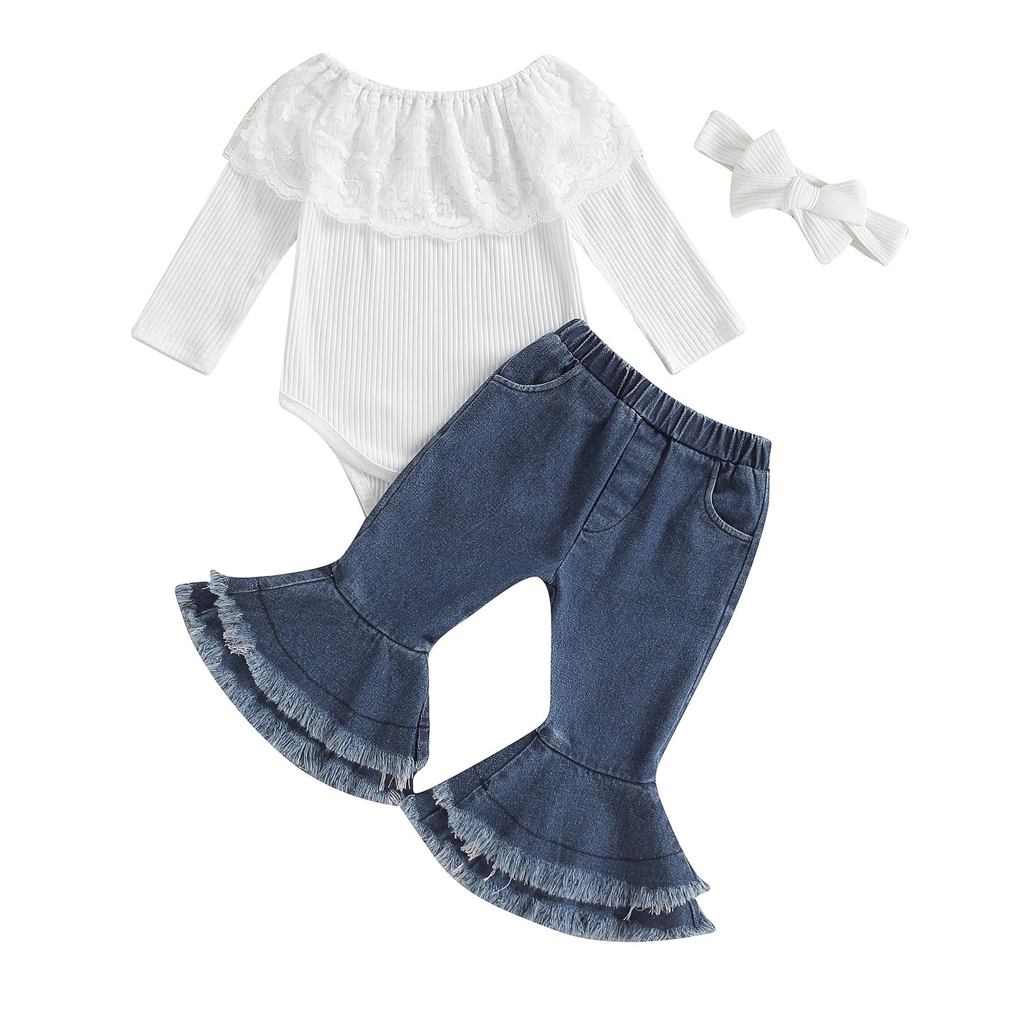 fhutpw Newborn Baby Girl Clothes Infant Rib Frill Long Sleeve Romper Flared Pants Headband Set 3pcs Fall Winter Outfits