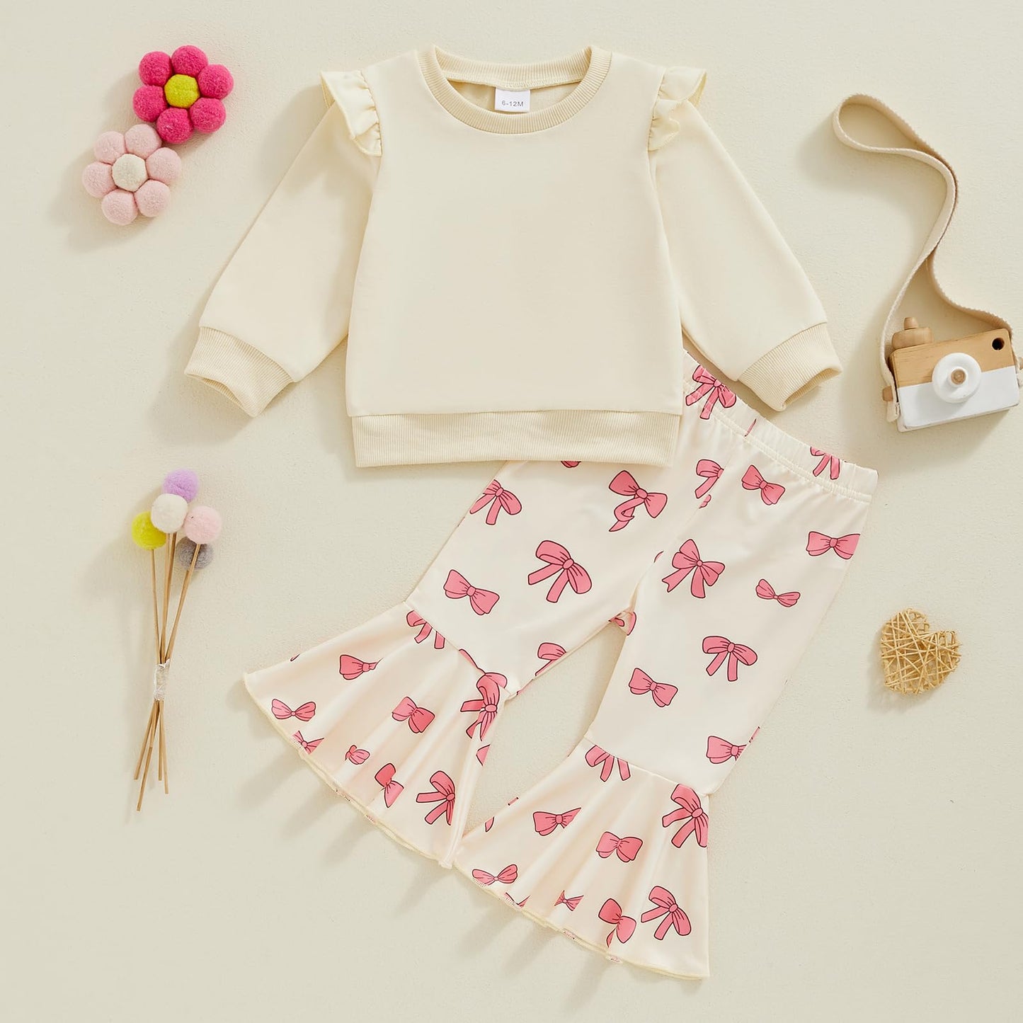 Toddler Infant Baby Girl Clothes Warm Fall Winter Outfits Solid Fly Sleeve Sweatshirt Bow Bell Bottoms Pants