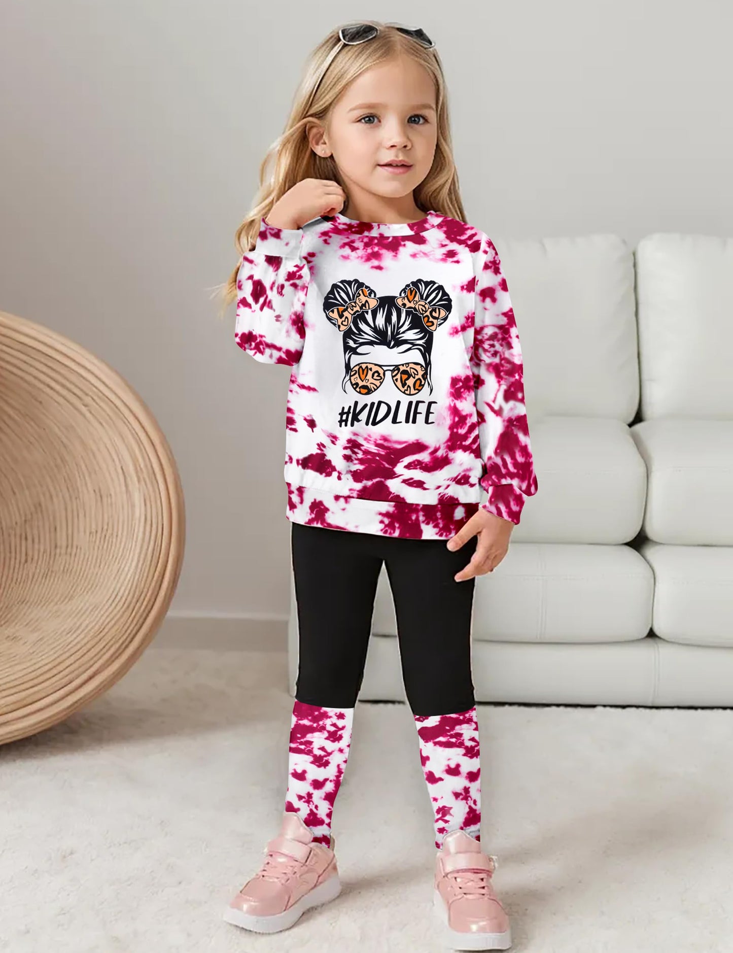 DONWEN Toddler Girl Clothes,Tie Dye Sweatsuit 2 Piece Girls Outfits Graphic Pullover Top Pants Girls Fall Winter Outfit