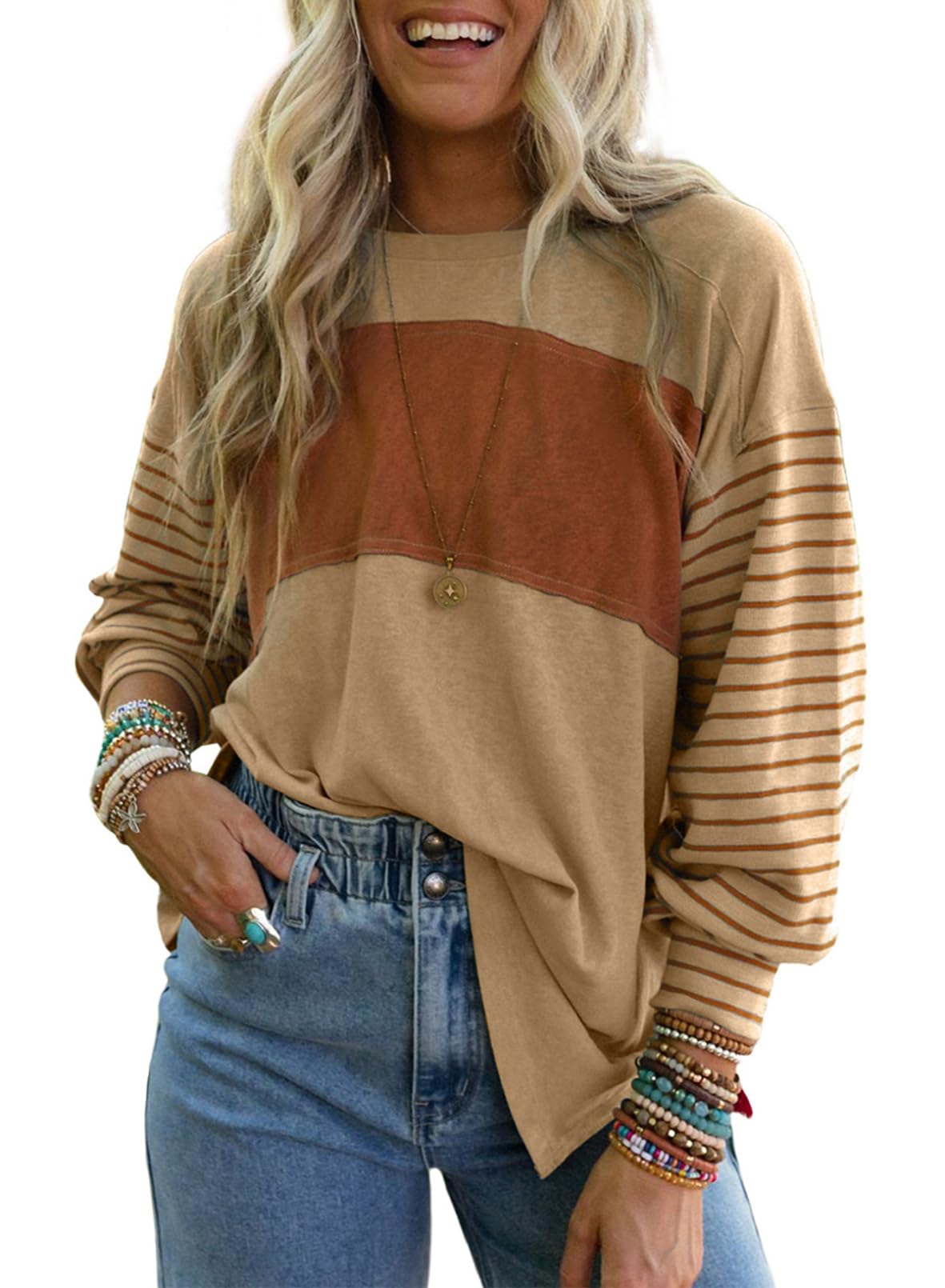 Dokotoo Long Sleeve Spring Tops Oversized 2025 Trendy Round Crew Neck Casual Color Block Womens Shirts Blouses