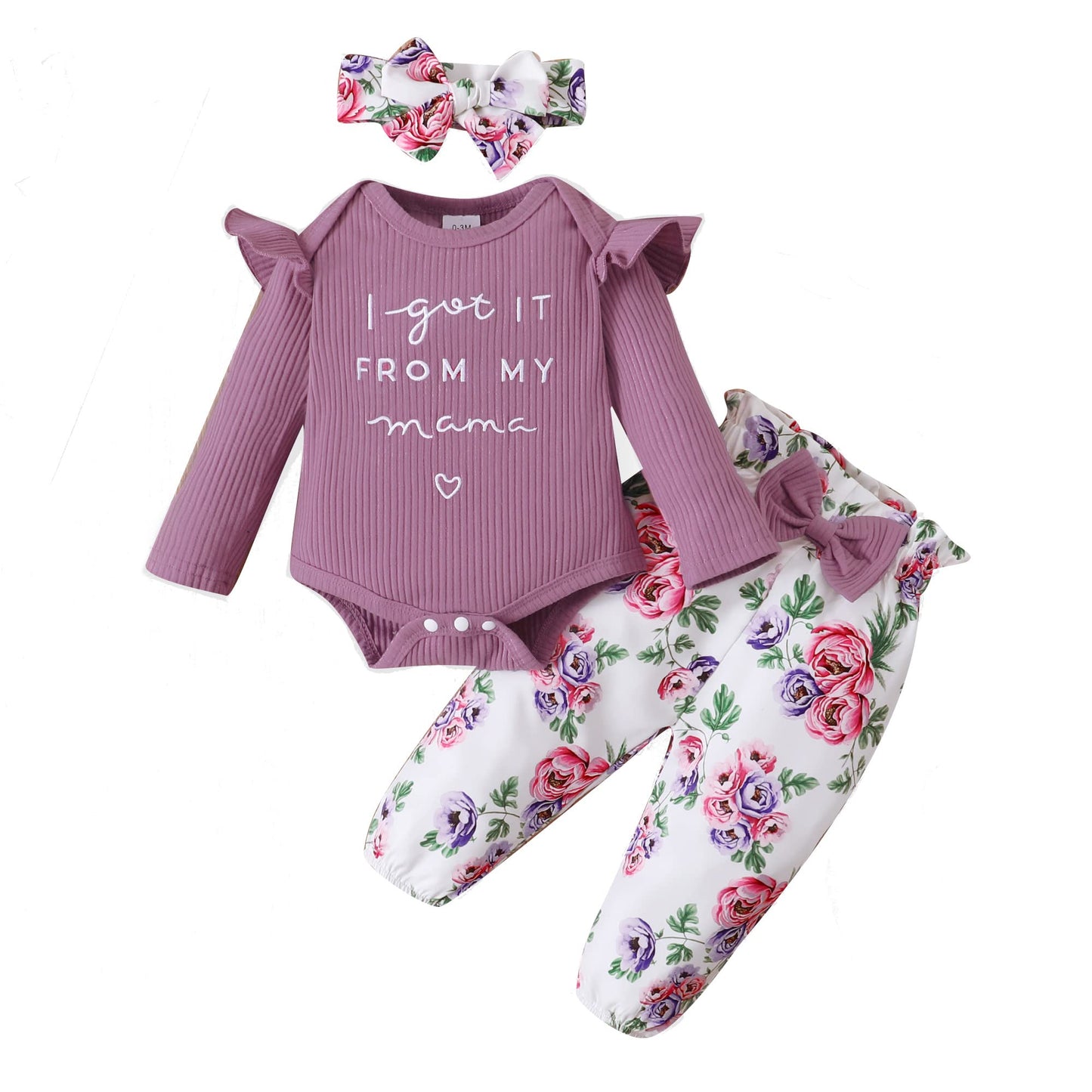 DISAUR Baby Girls Clothes Newborn Infant Baby Girls Outfit Long Sleeve Ruffle Romper Floral Pants Headband Sets 0-18 Months