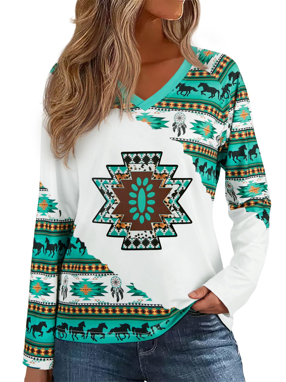 Womens Long Sleeve T Shirts Aztec Cow Print Western Henley Tops Ladies Graphic Tees Casual V Neck Loose Fit Blouse