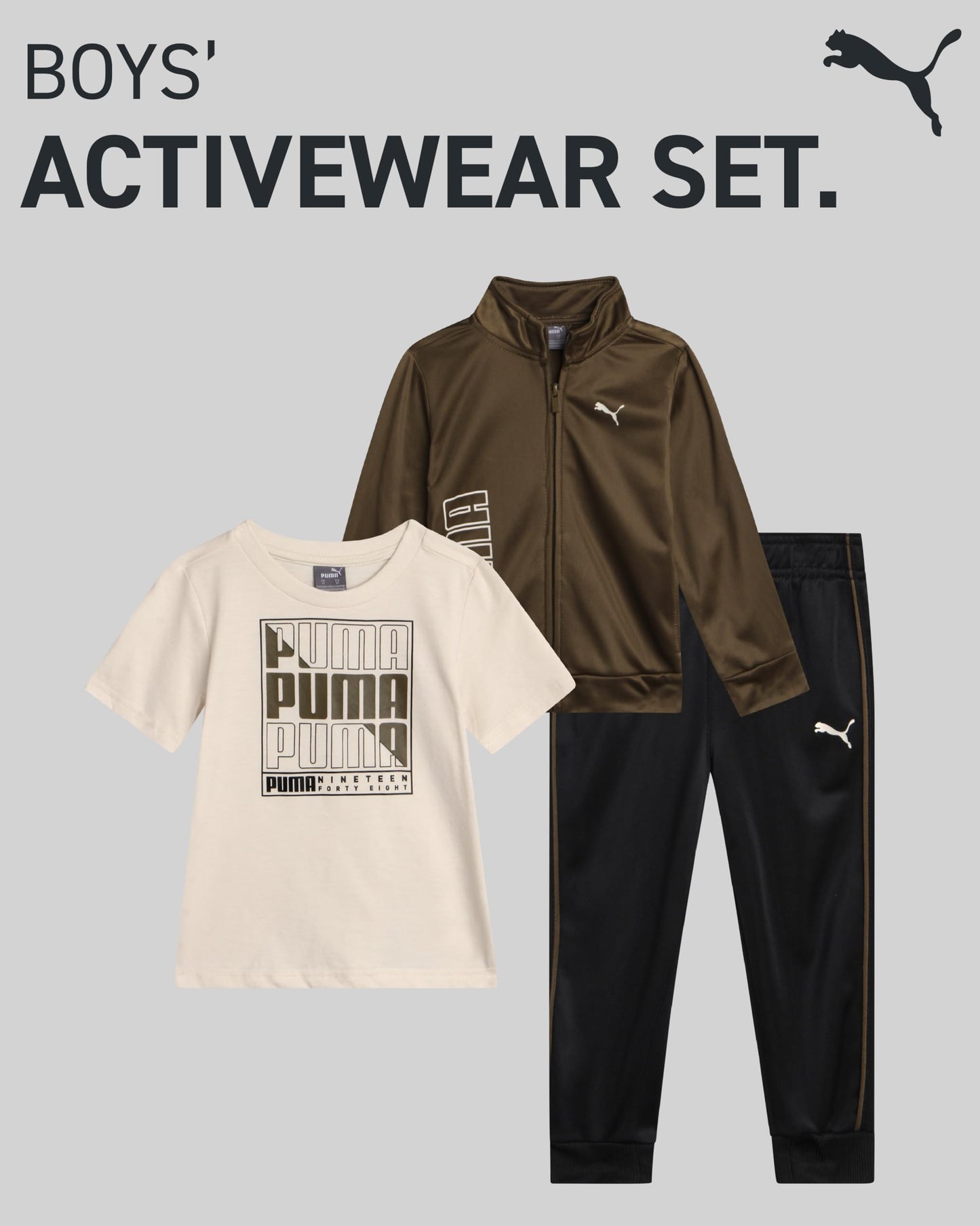 PUMA Toddler Boys Pants Set - 3 Piece Athletic T-Shirt, Zip Up Jacket, Jogger Pants - Boys Activewear Tricot Jogset (12M-4T)