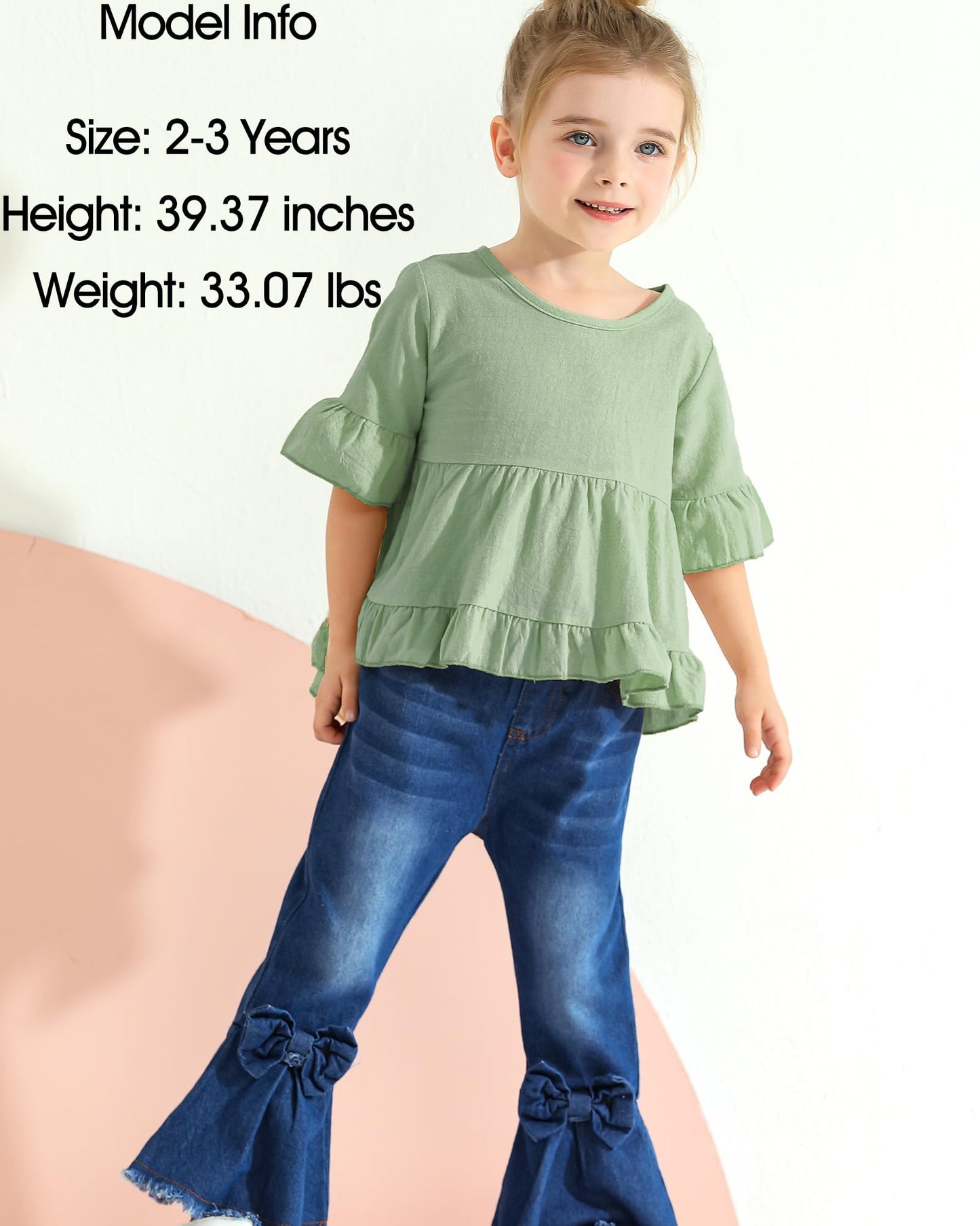 Kucnuzki Toddler Baby Girls Clothes Short Sleeve Shirt Top Flare Denim Jeans 2 Piece Outfits For Girls Cute Clothing Set