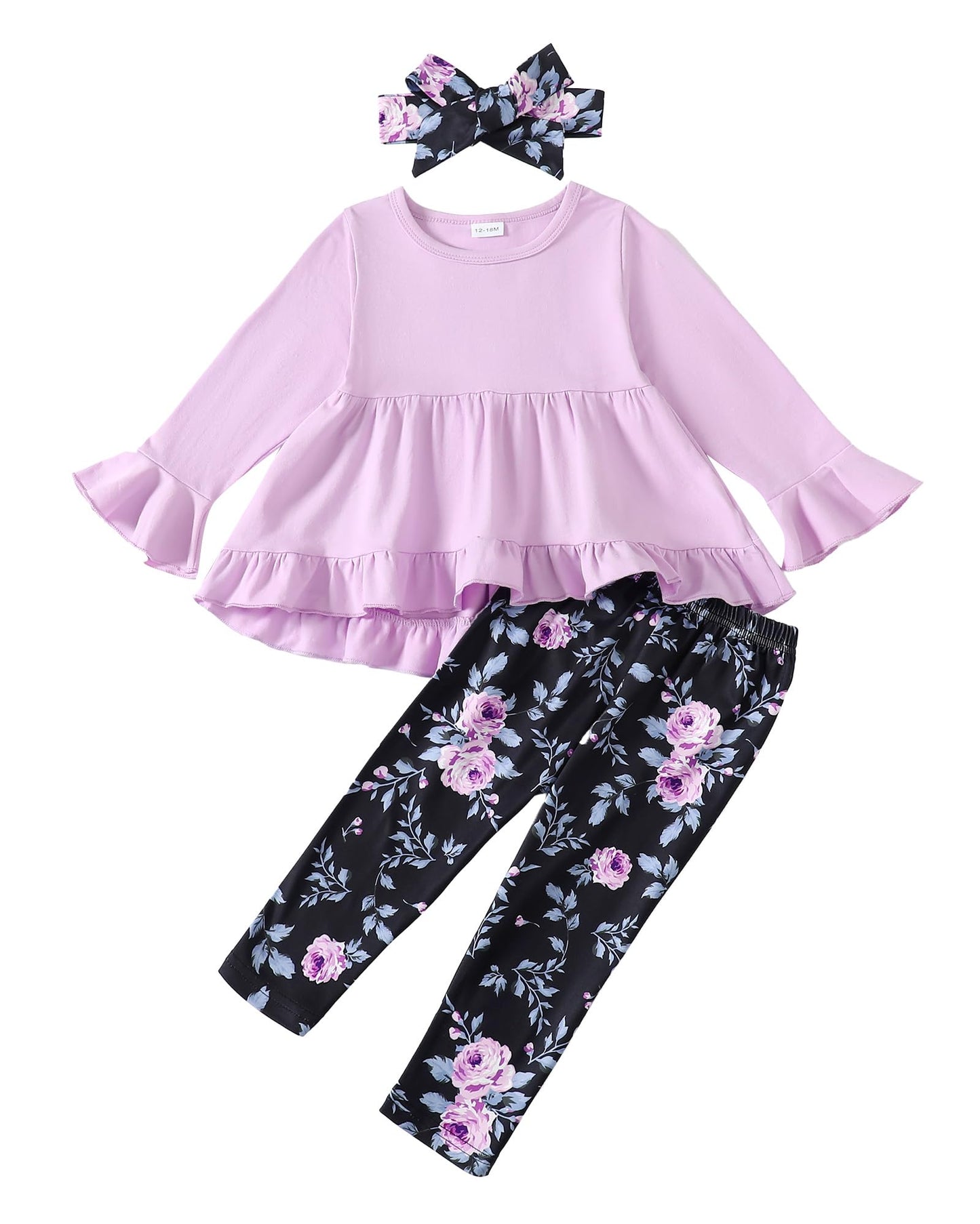 Kucnuzki Baby Girl Clothes Toddler Girl Outfit Ruffle Sleeve Shirt Floral Pant Set Fall Winter Clothing for Girl