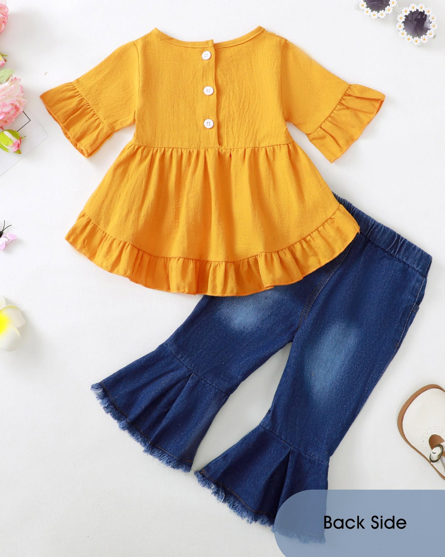 Kucnuzki Toddler Baby Girls Clothes Short Sleeve Shirt Top Flare Denim Jeans 2 Piece Outfits For Girls Cute Clothing Set