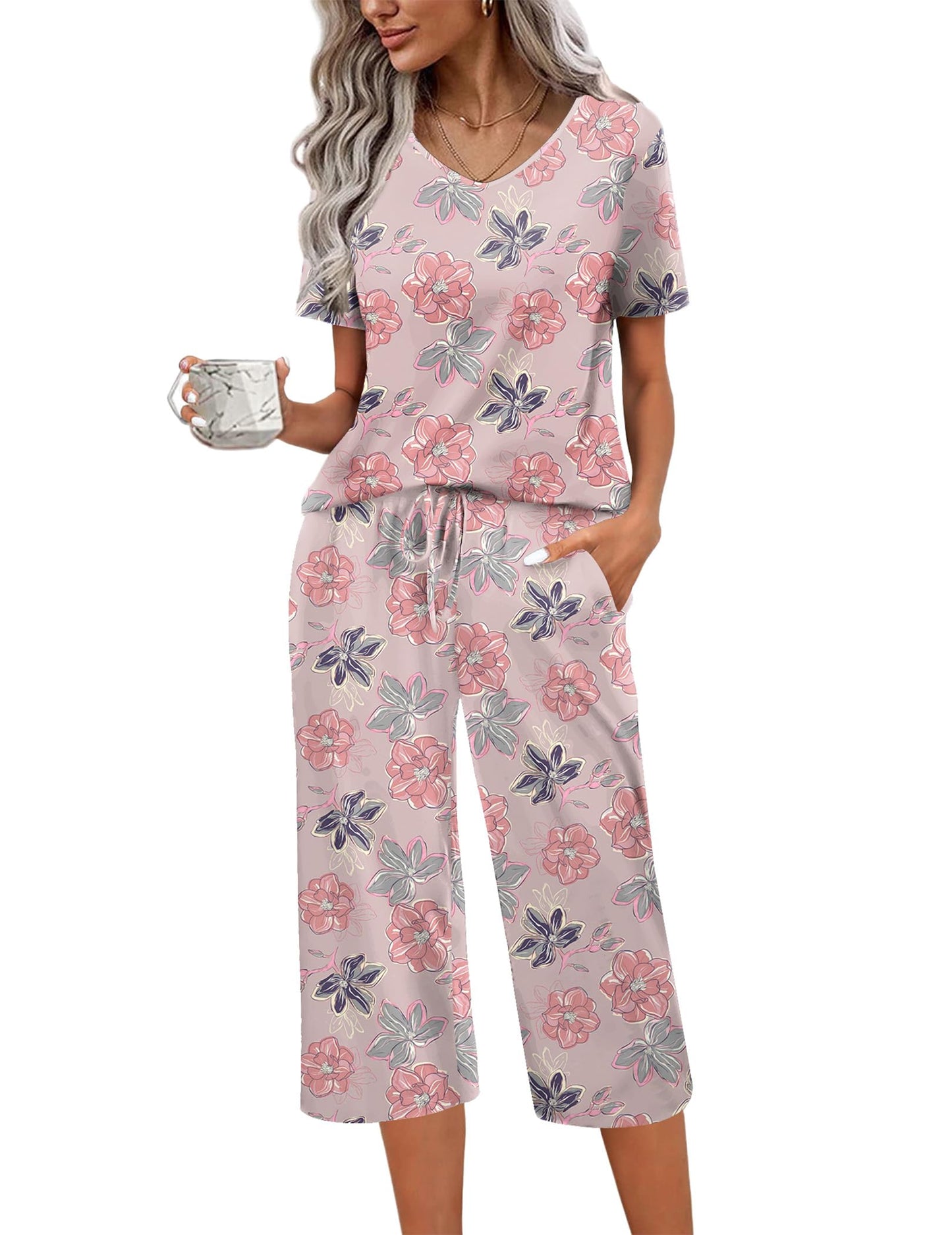 Ekouaer Womens Pajama Sets Soft Cotton Pj Short Sleeve Top with Capri Pants Sleepwear 2 Piece Print Loungewear,S-XXL