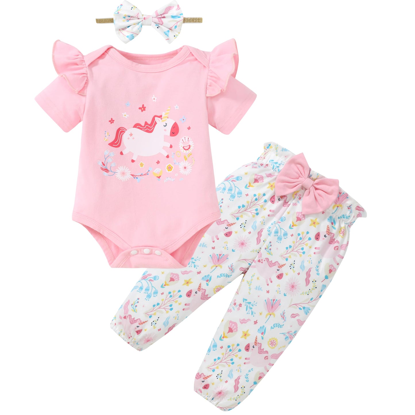 DISAUR Baby Girls Clothes Newborn Infant Baby Girls Outfit Long Sleeve Ruffle Romper Floral Pants Headband Sets 0-18 Months