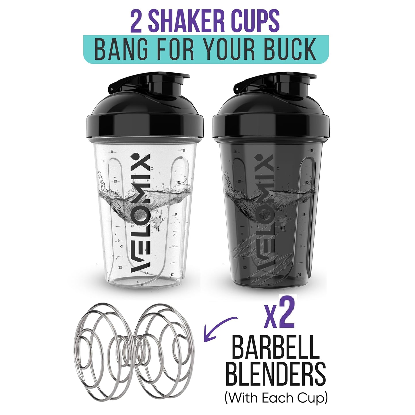 -2 Pack- 20 oz Protein Shaker Bottles for Protein Mixes - 2x Wire Whisk | Leak Proof Shaker Cups for Protein Shakes and Pre Workout | Protein Shaker Bottle Pack | Protein Mixer Cup