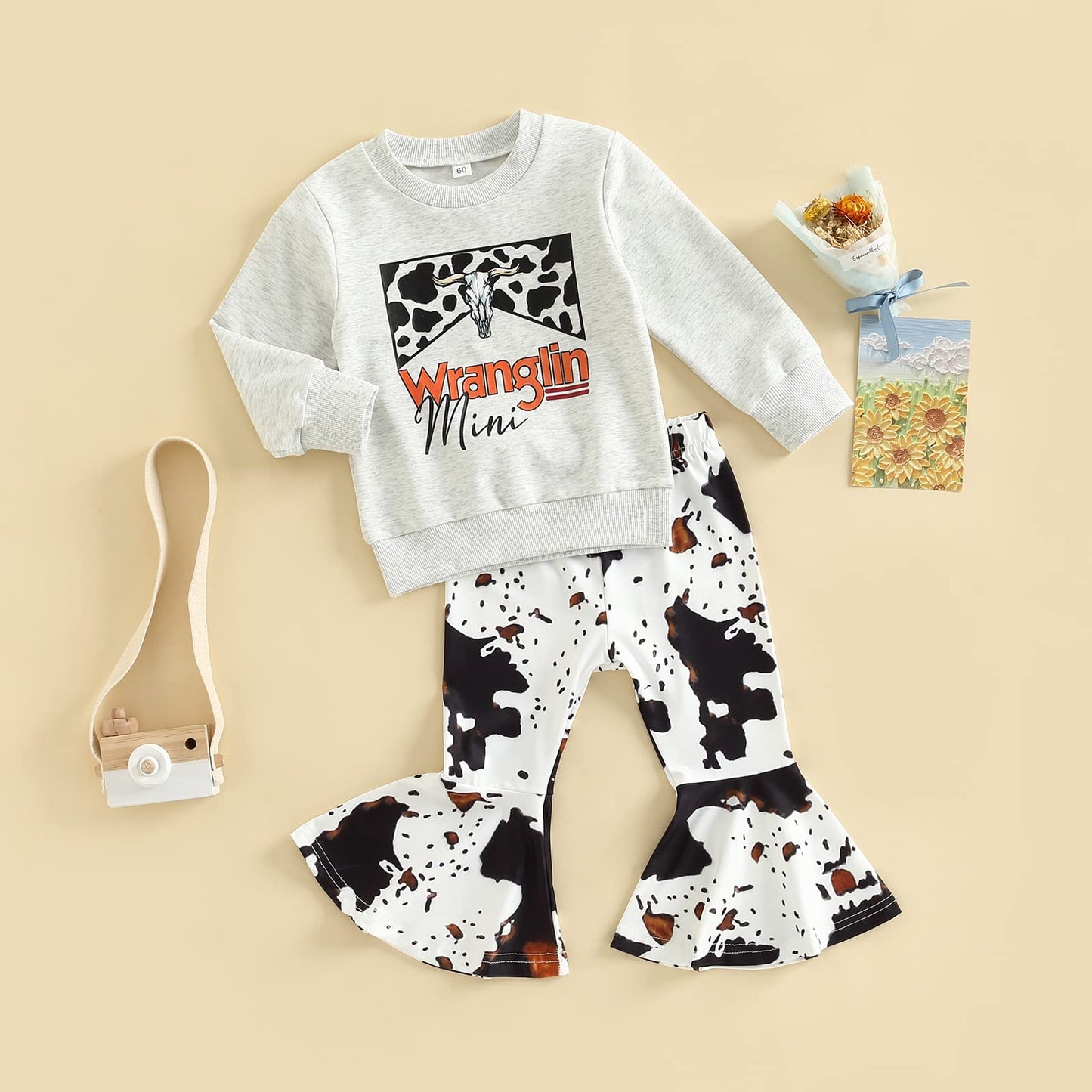 Toddler Kids Girls Clothes Sets Cow Print Long Sleeve Sweatshirt Pullover Flare Pants 2Pcs Fall Winter Outfits