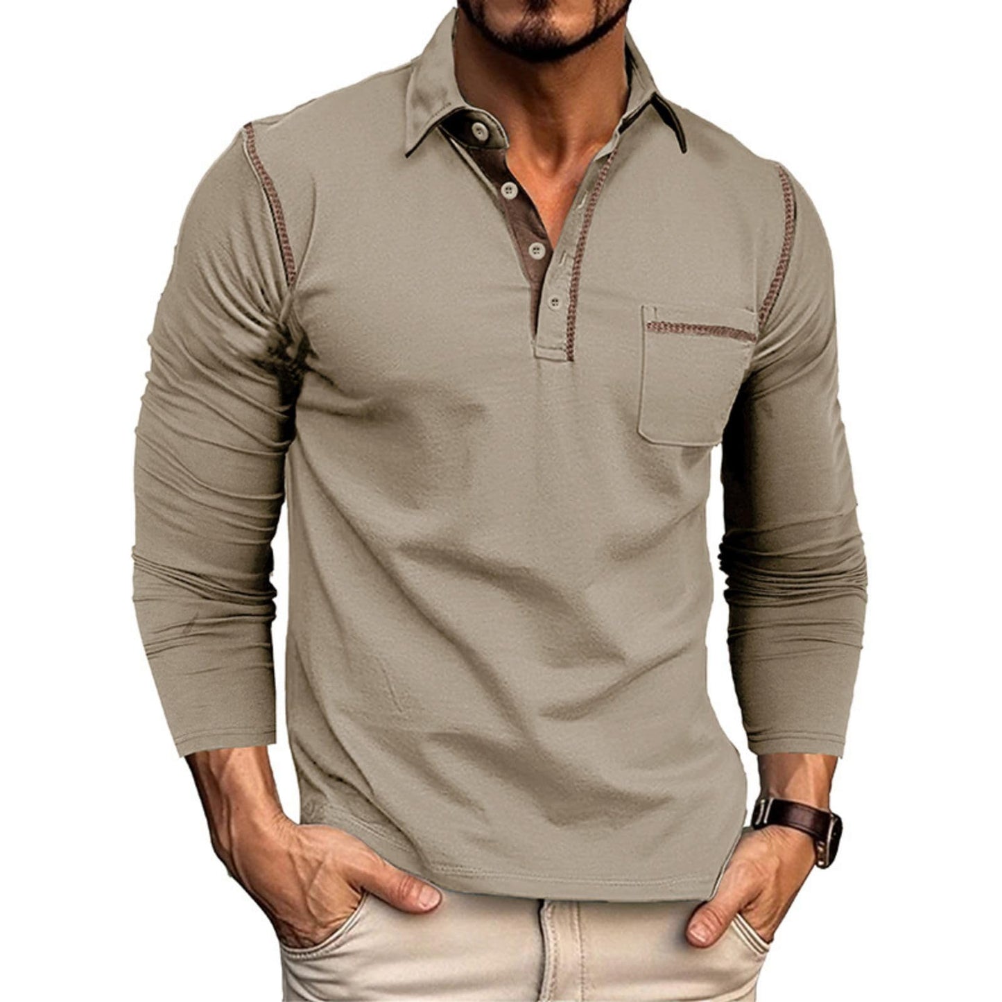 Men's Casual Polo Shirts Classic Long Sleeve Basic Button T-Shirt Lightweight Cotton Golf Tops with Pocket