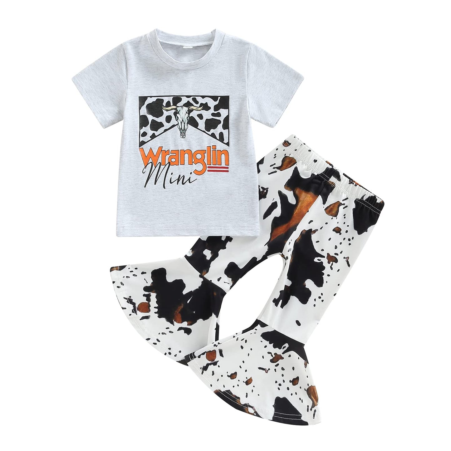 Toddler Kids Girls Clothes Sets Cow Print Long Sleeve Sweatshirt Pullover Flare Pants 2Pcs Fall Winter Outfits