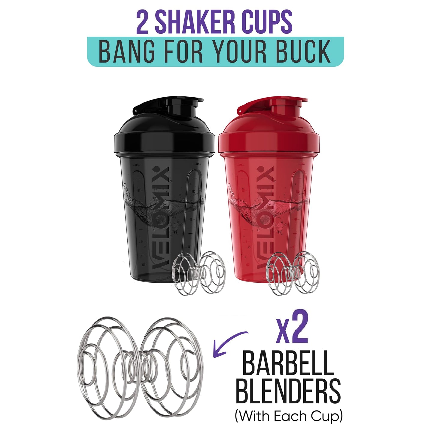 -2 Pack- 20 oz Protein Shaker Bottles for Protein Mixes - 2x Wire Whisk | Leak Proof Shaker Cups for Protein Shakes and Pre Workout | Protein Shaker Bottle Pack | Protein Mixer Cup