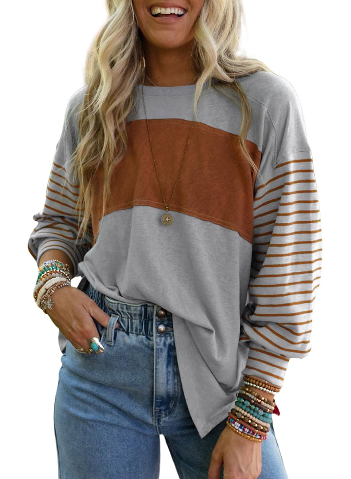 Dokotoo Long Sleeve Spring Tops Oversized 2025 Trendy Round Crew Neck Casual Color Block Womens Shirts Blouses