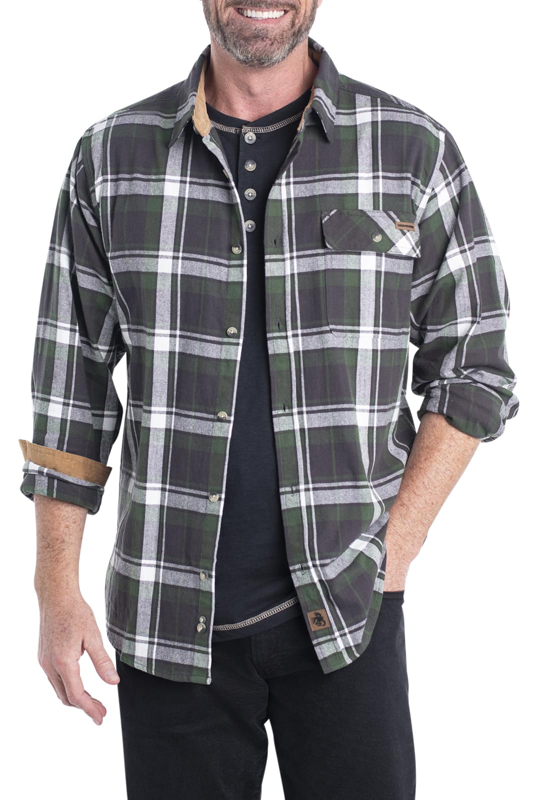 Legendary Whitetails Men's Buck Camp Flannel, Long Sleeve Plaid Button Down Casual Shirt, Corduroy Cuffs