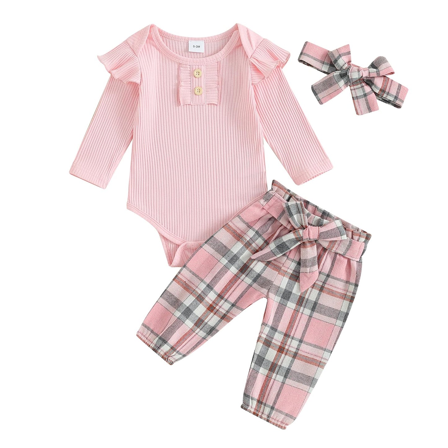 fhutpw Newborn Baby Girl Clothes Infant Rib Frill Long Sleeve Romper Flared Pants Headband Set 3pcs Fall Winter Outfits